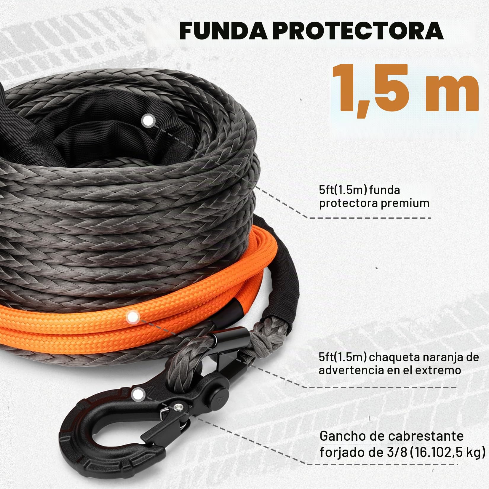 SHALL Correas y Cuerdas de Remolque, Cuerda sintética para cabrestante de 12 mm x 28 m de Largo, 16 toneladas (35500 LB), Funda Protectora, Gancho Forjado para cabrestante y Correa de Seguridad