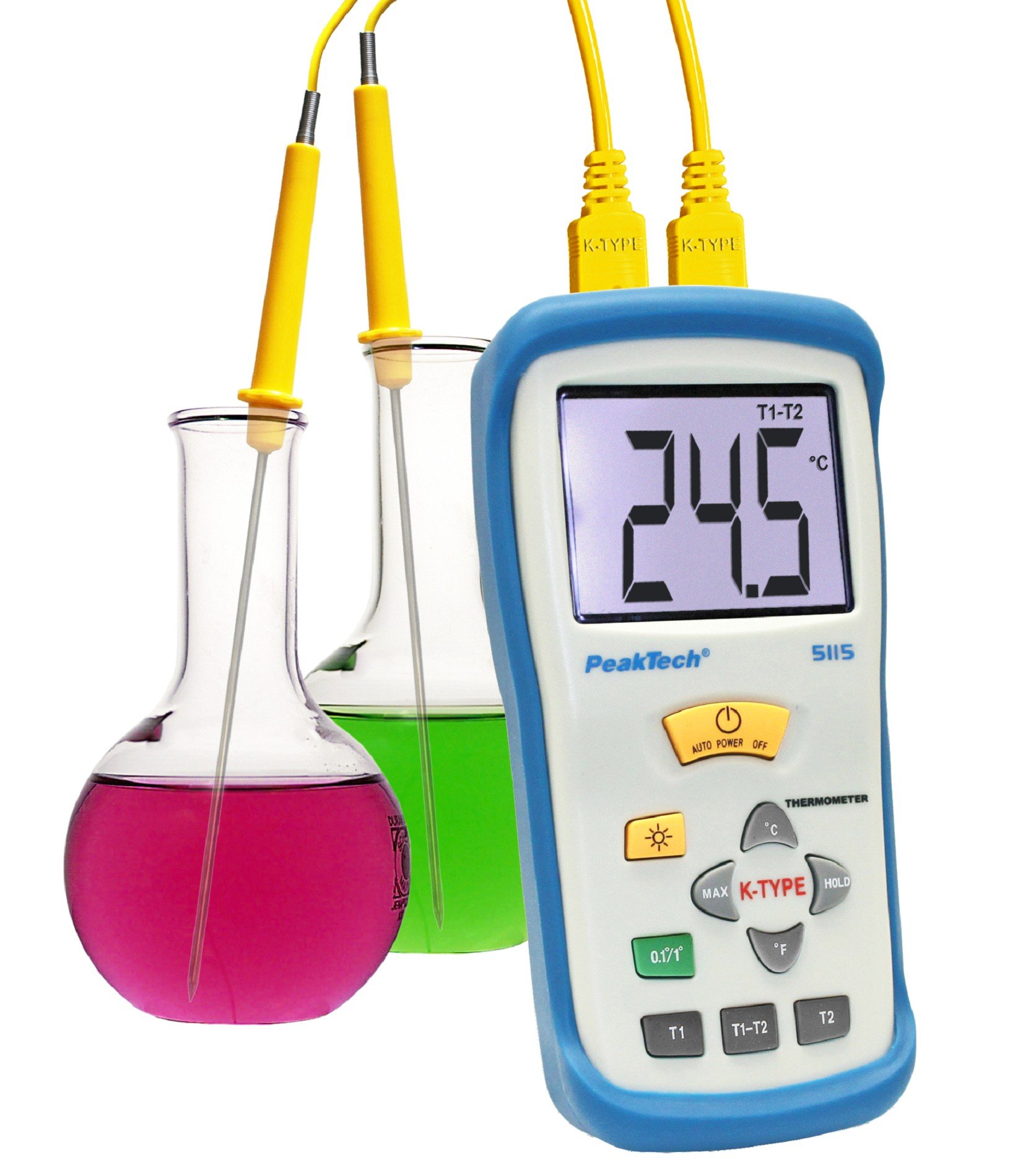 PeakTech P 5115 - Termometr Cyfrowy ~ 2 CH ~ Typ-K ~ -50 ... +1300°C ~ z wyświetlaczem °C/°F