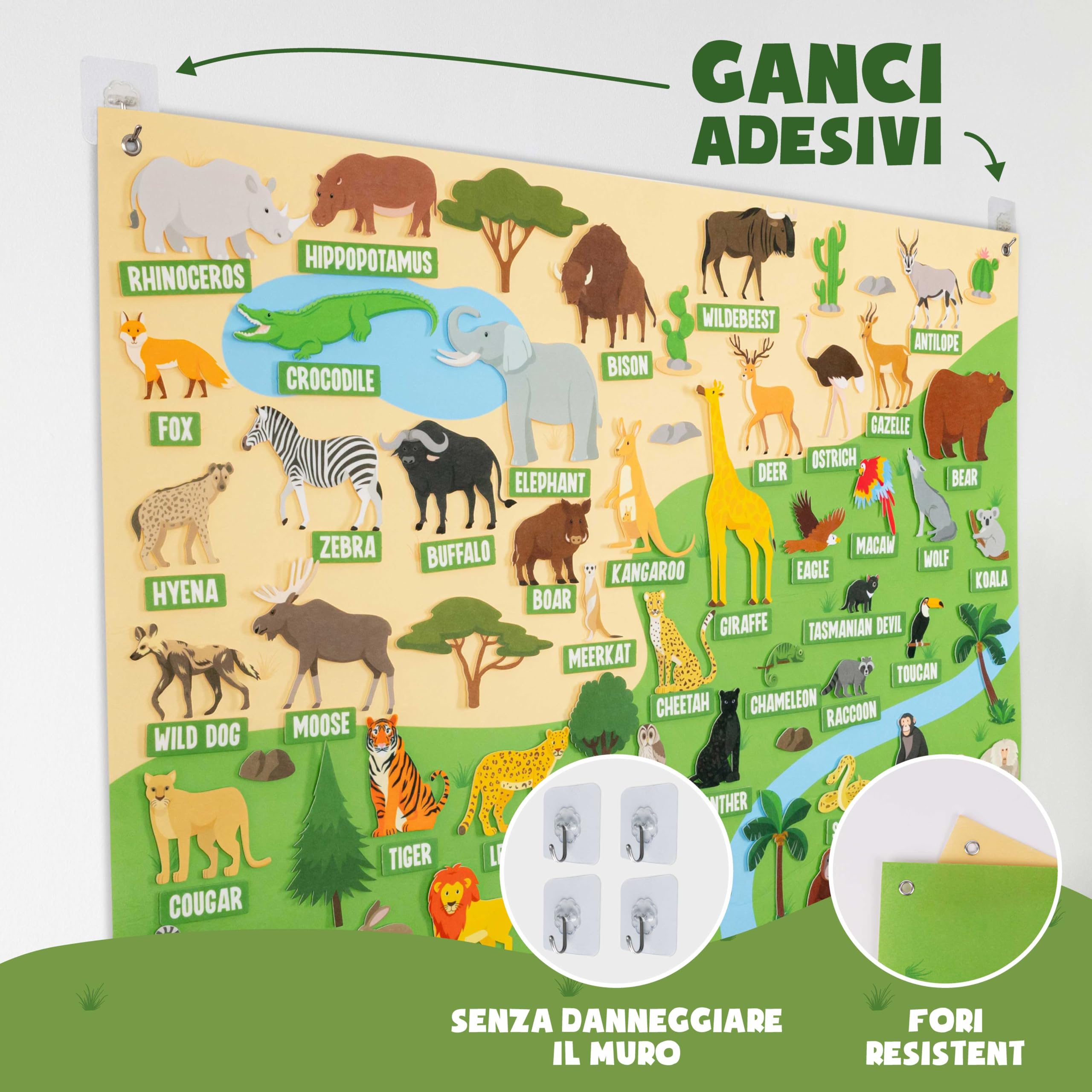 BONNYCO Lavagna di Feltro con 116 Figure di Animali della Giungla. Giochi Montessori e Regalo Compleanno Bambini dai 3-8 Anni. Pannello Sensoriale per Autismo, Giocattoli Educativi