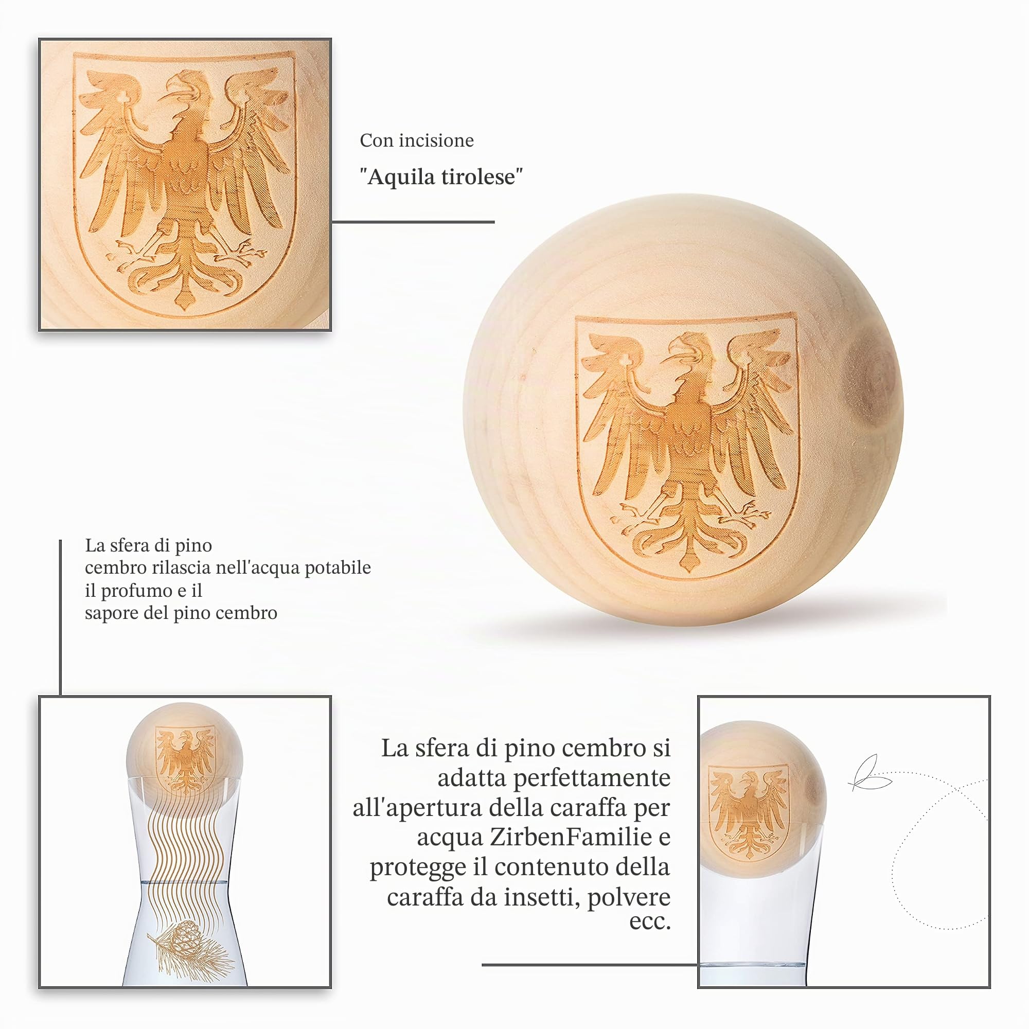 Zirben Familie® Il set originale di palline di pino cembro con caraffa per acqua | dona all'acqua un tocco speciale | 1 litro di caraffa in vetro di cristallo con coperchio in legno di cembro |
