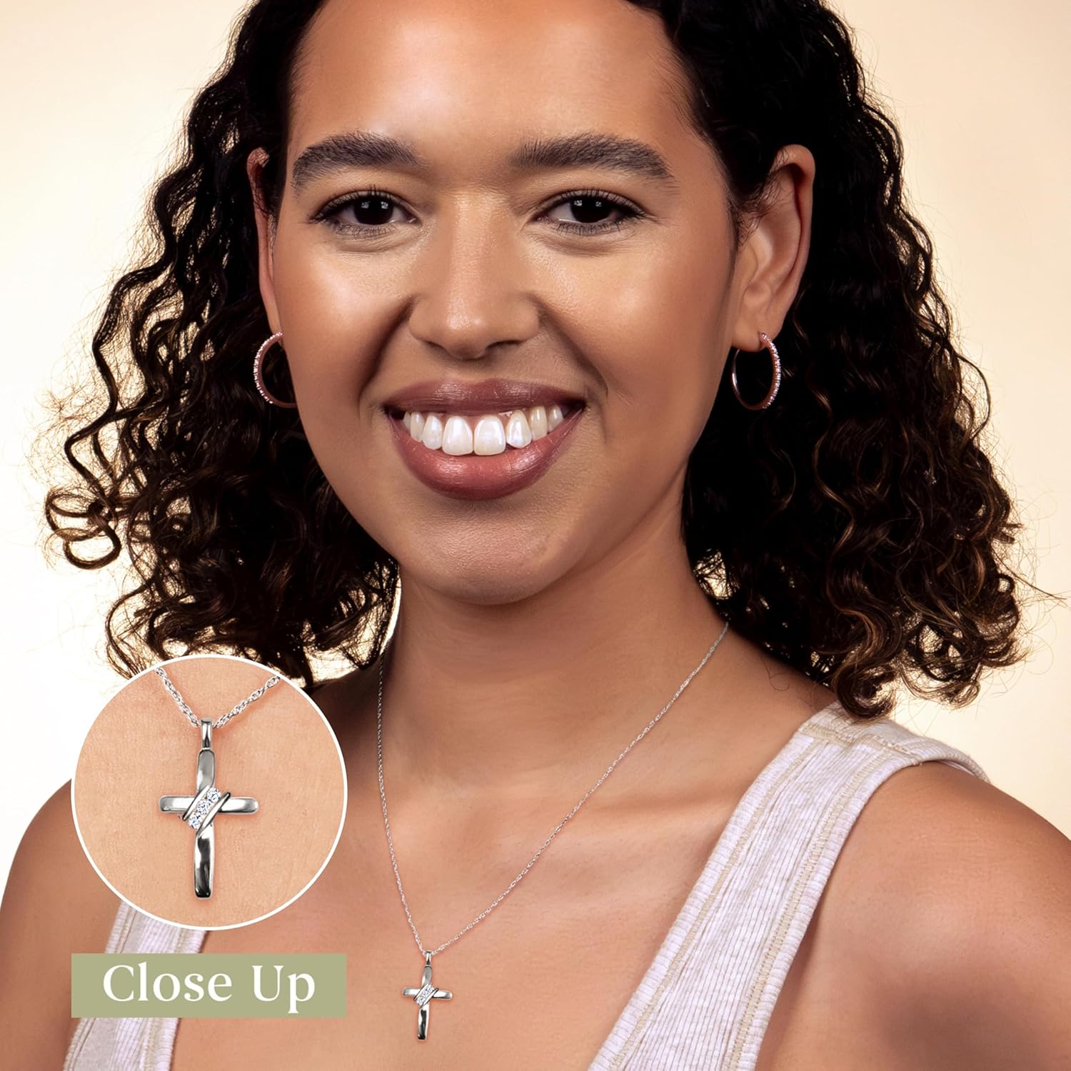 GILDED Small 10K White Gold Natural Round-Cut Diamond Accent (I-J Color, I2-I3 Clarity) 3 Stone Cross Pendant-Necklace,18" - Image 3