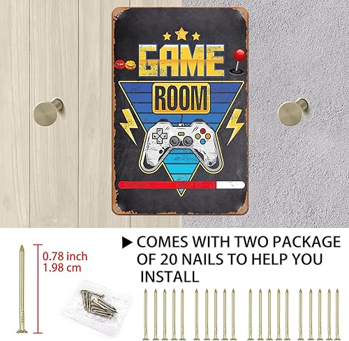 Miniatura 3 de GTOTd Letrero de metal para decoración de sala de juegos, paquete de 2 carteles de 8 x 12 pulgadas (con 10 clavos de pared) para decoración de sala