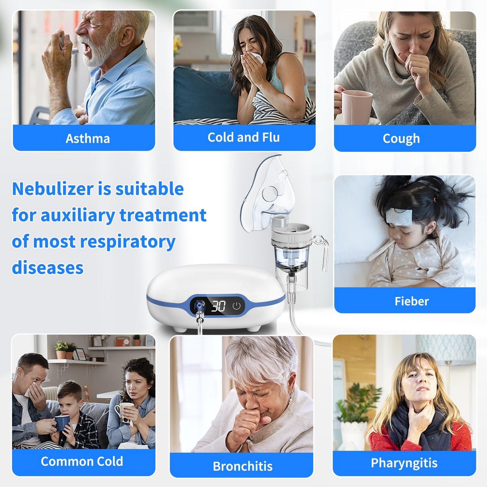 Wholede Nebulizador Bebe para Niños y Adultos con Pantalla de Visualización y Temporizador, Inhalador de Aerosoles Silenciosa para el Tratamiento de Enfermedades Respiratorias