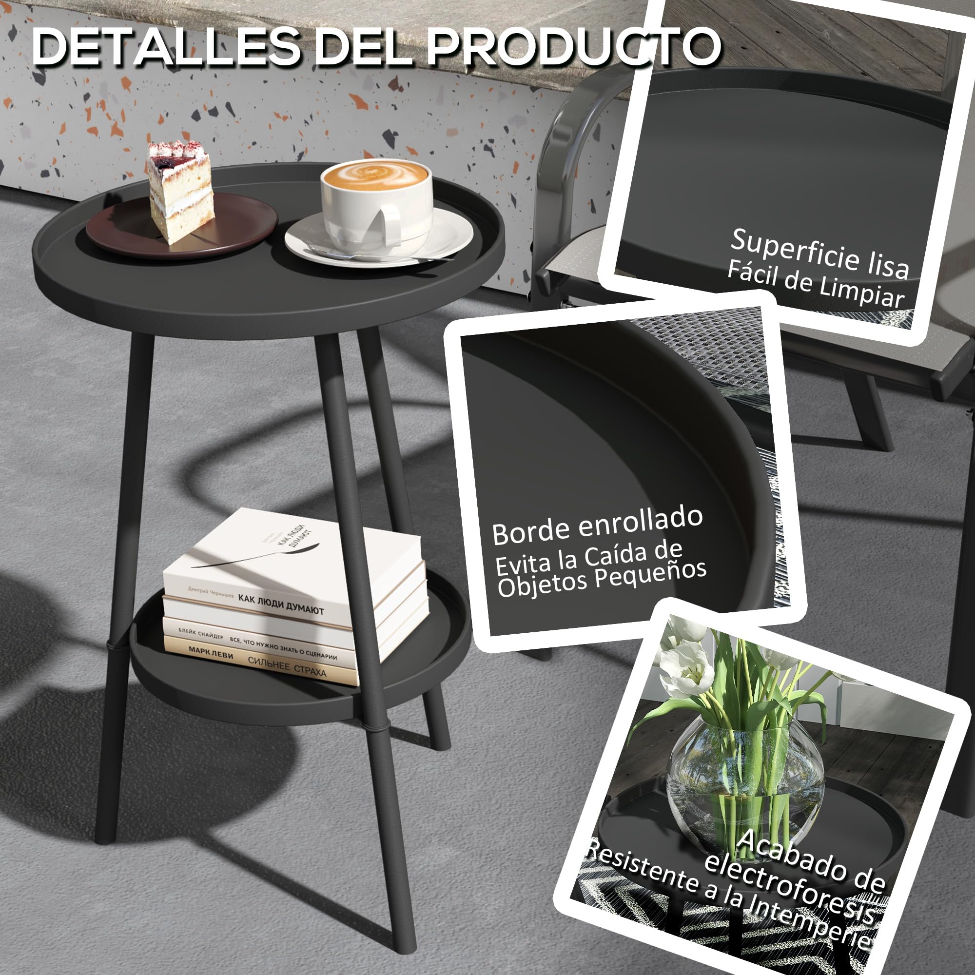 Outsunny Mesa de Jardín Redonda de 2 Niveles Mesa de Terraza Exterior Ø32x51 cm con Bandeja Inferior y Estructura de Metal para Exterior e Interior Negro