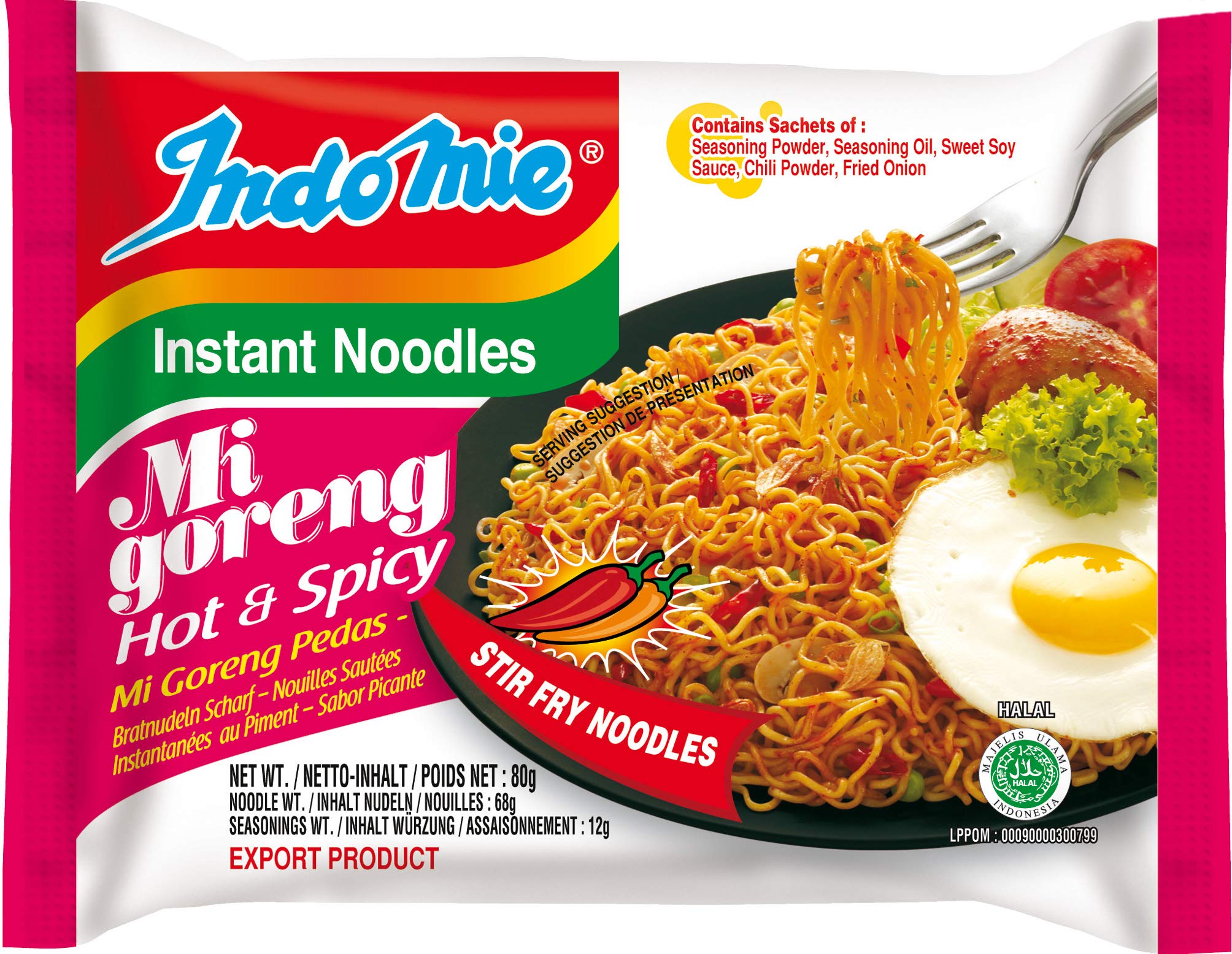 Indomie Mi Goreng Instant Noodles, Halal Certified, Hot & Spicy, (30