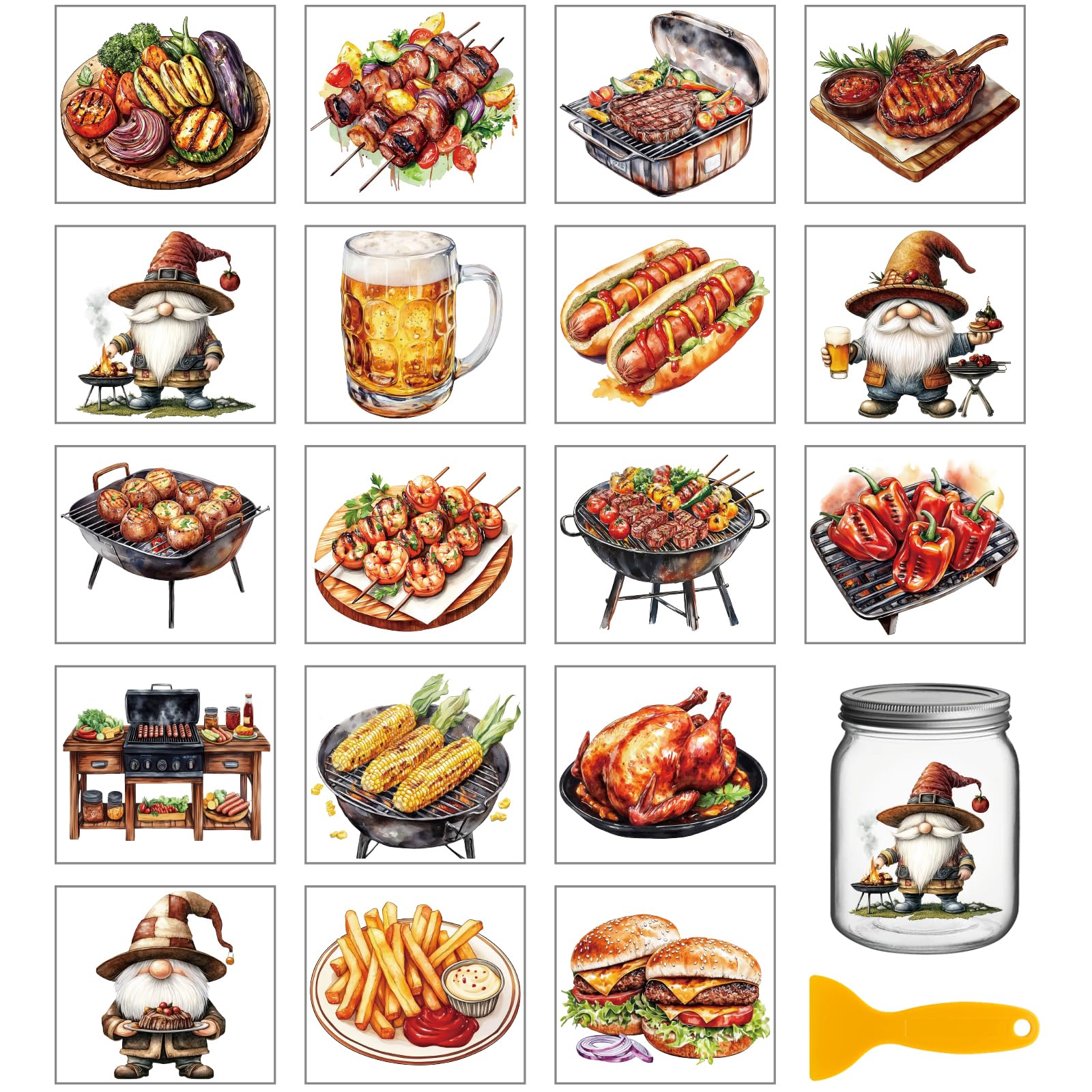 GLOBLELAND 18 Sheets Barbecue Foods Rub on Transfers for Crafts Cooking Gnome Waterproof UV DTF Cup Wraps Beer Hamburger Decals Stickers for Water Glass Bottle Vase Porcelain