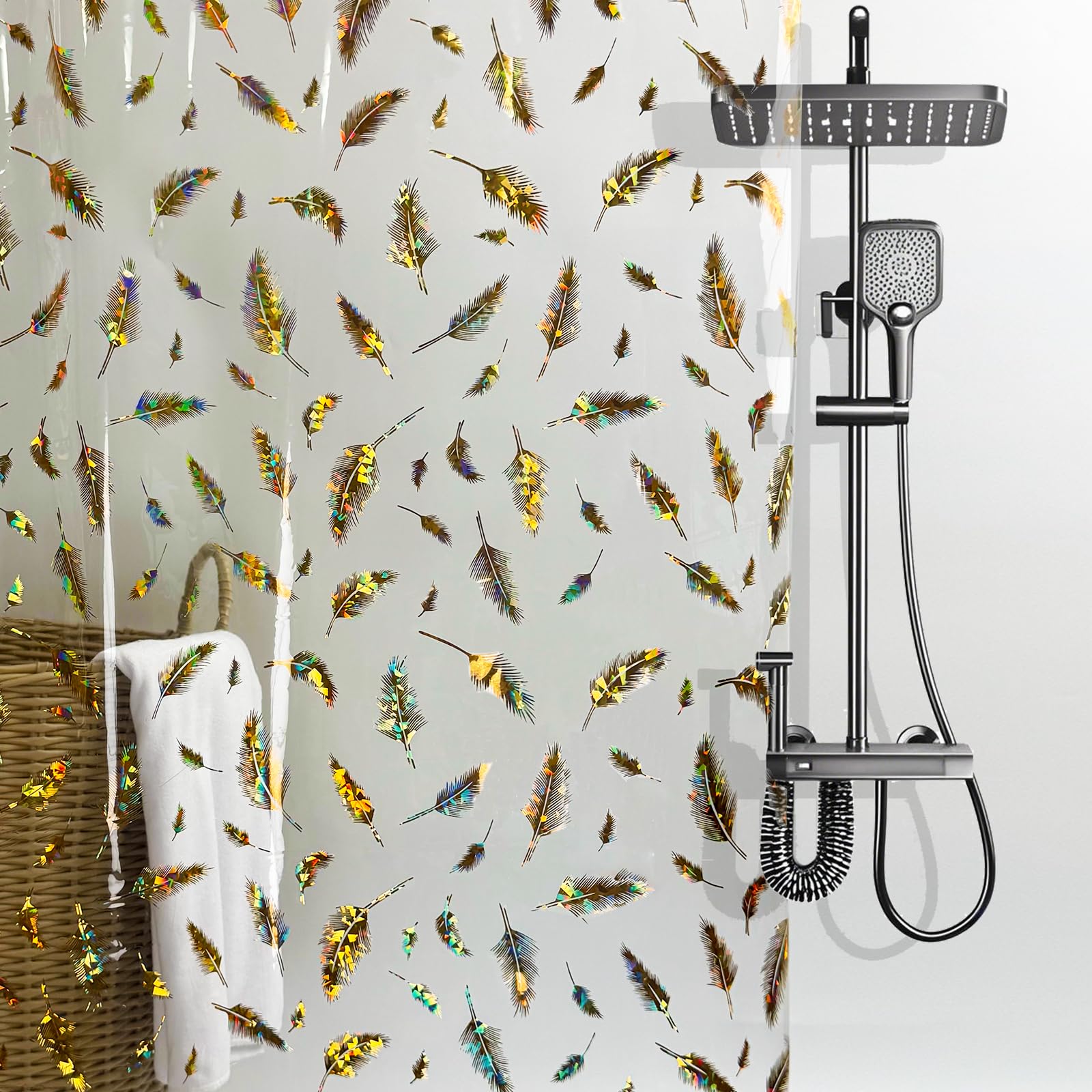 Holographic Shower Curtain Liner, Dual-Sided Iridescent Gold & Multicolor, Glitter Feather Pattern, PEVA Bathroom Clear Plastic Shower Curtain with Rustproof Grommets &Magnets, Waterproof 70x72 Inches