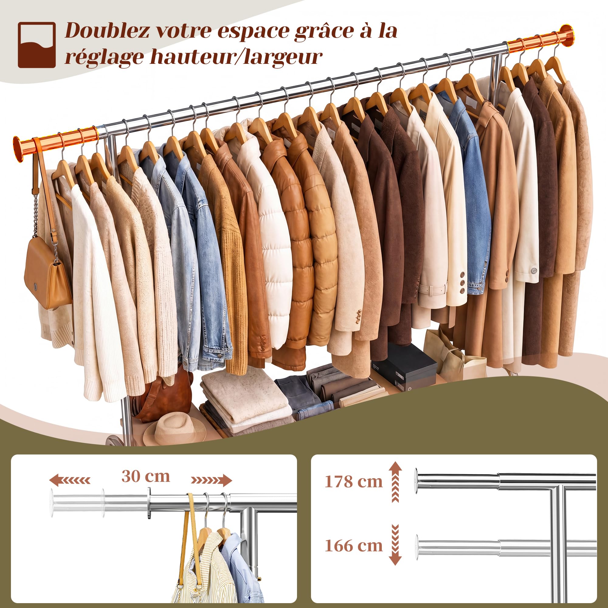 Portant Vetement Solide à Roulettes,200KG Capacité de Charge,Argenté | 130–190cm Extensible, 166-178cm réglable en hauteur, Portant a Vetements Convient pour Manteaux,Vestes d'hiver,Chemises