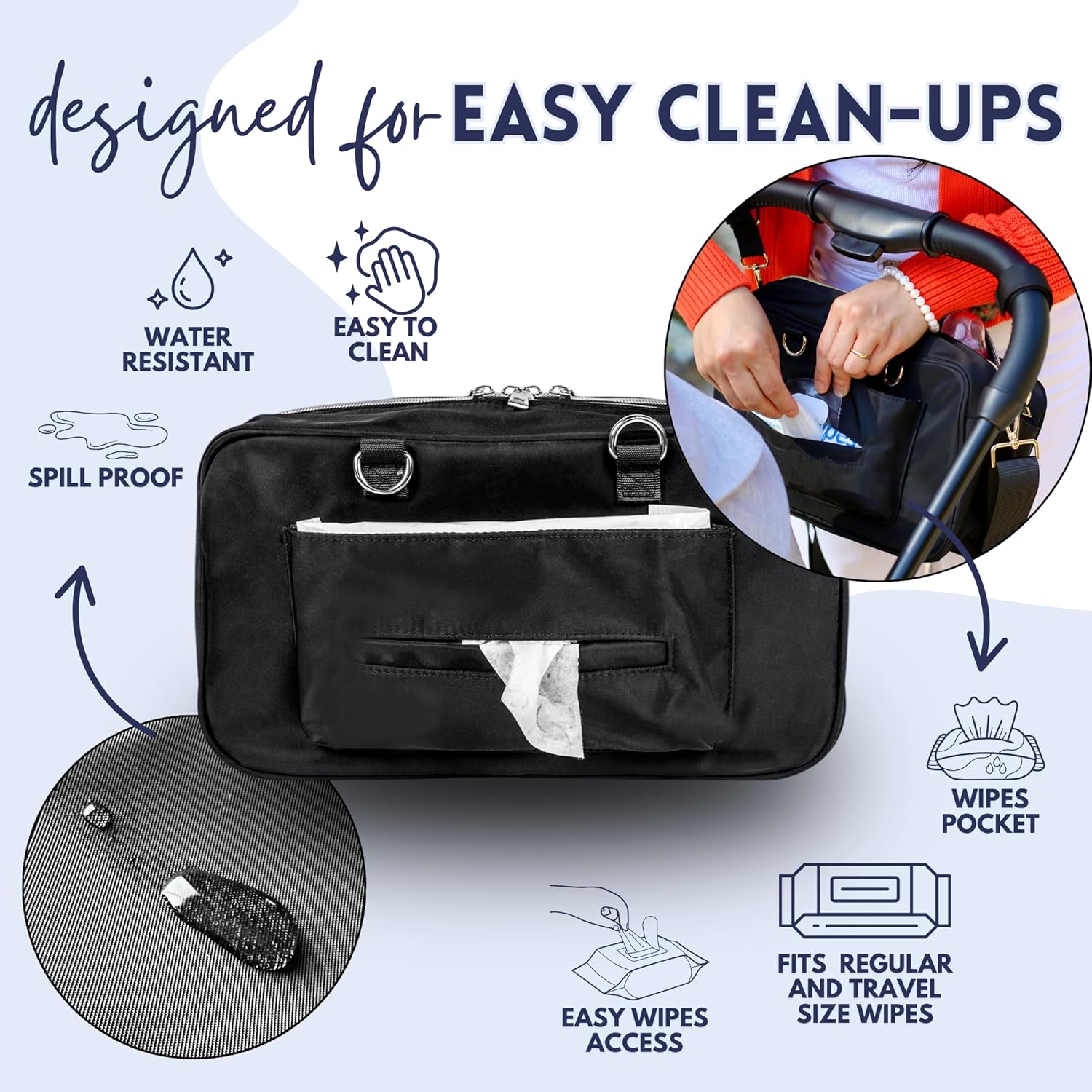 Universal Stroller Caddy with Cup Holder, Waterproof Small Diaper Bag, Stroller Organizer with Shoulder Straps, Baby Travel Bag with Wipes Pocket