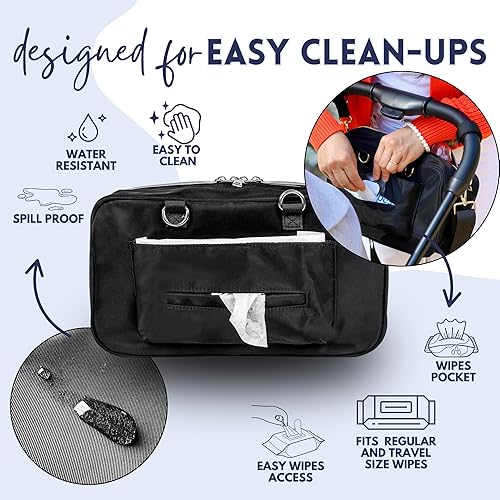 Miniatura 7 de Carrito universal para cochecito con portavasos, bolsa de pañales pequeña impermeable, organizador de cochecito con correas para el hombro, bolsa de