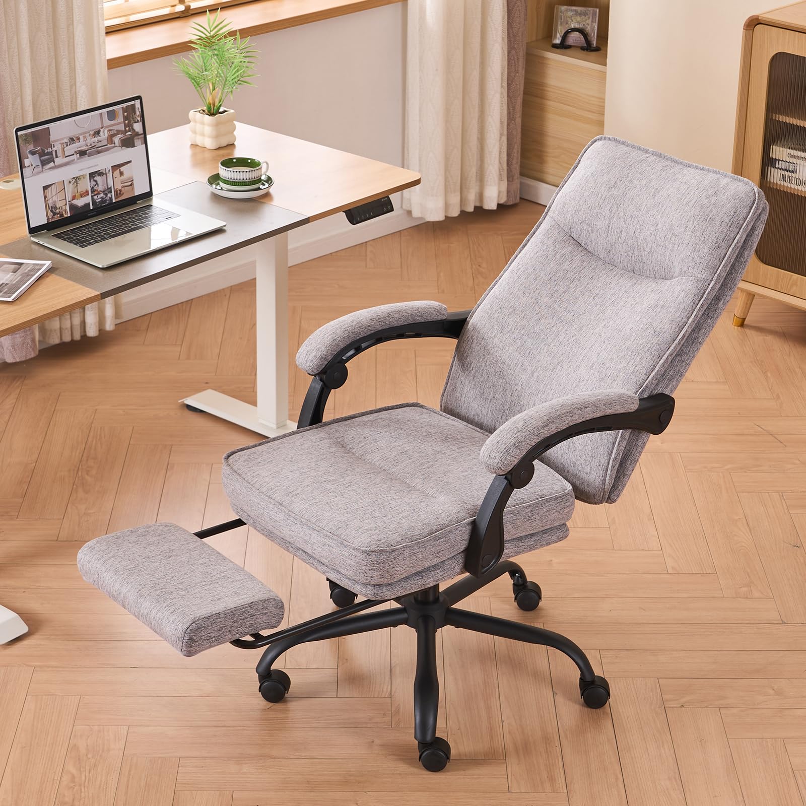 MZLEE Sedia da ufficio ergonomica, sedia da scrivania, sedia direzionale, sedia per computer, ergonomica con poggiapiedi e schienale regolabile 90-135° per ufficio a casa, grigia, in tessuto, 150 kg
