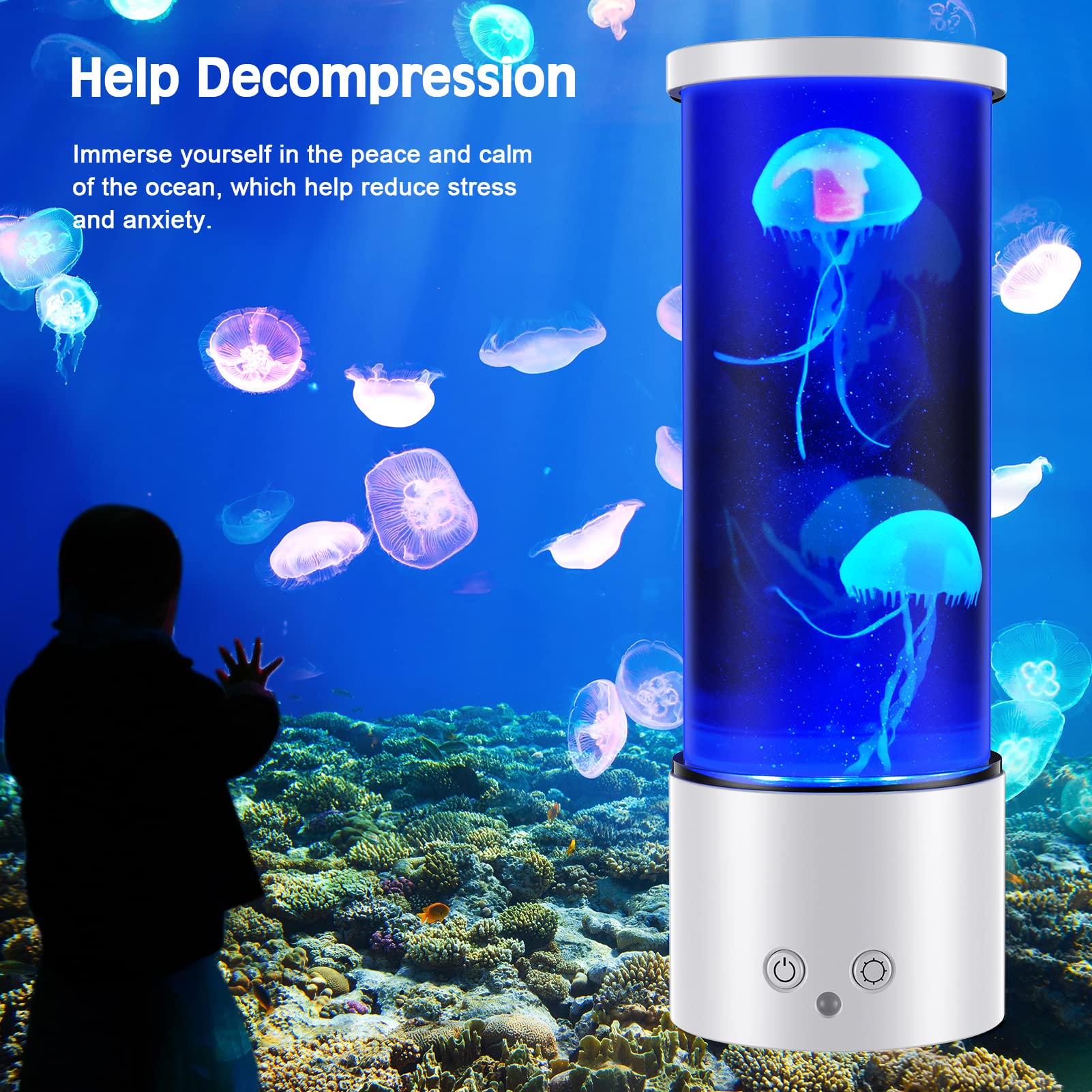 Quallenlampe, LED Quallen Lampe 17 Farben 4 Lichtmodi, Quallen Aquarium Quallenlampen mit Fernsteuerung für Kinder, 3-Helligkeit Stimmungslicht für Entspannung Schlafzimmerdekoration,Weiß