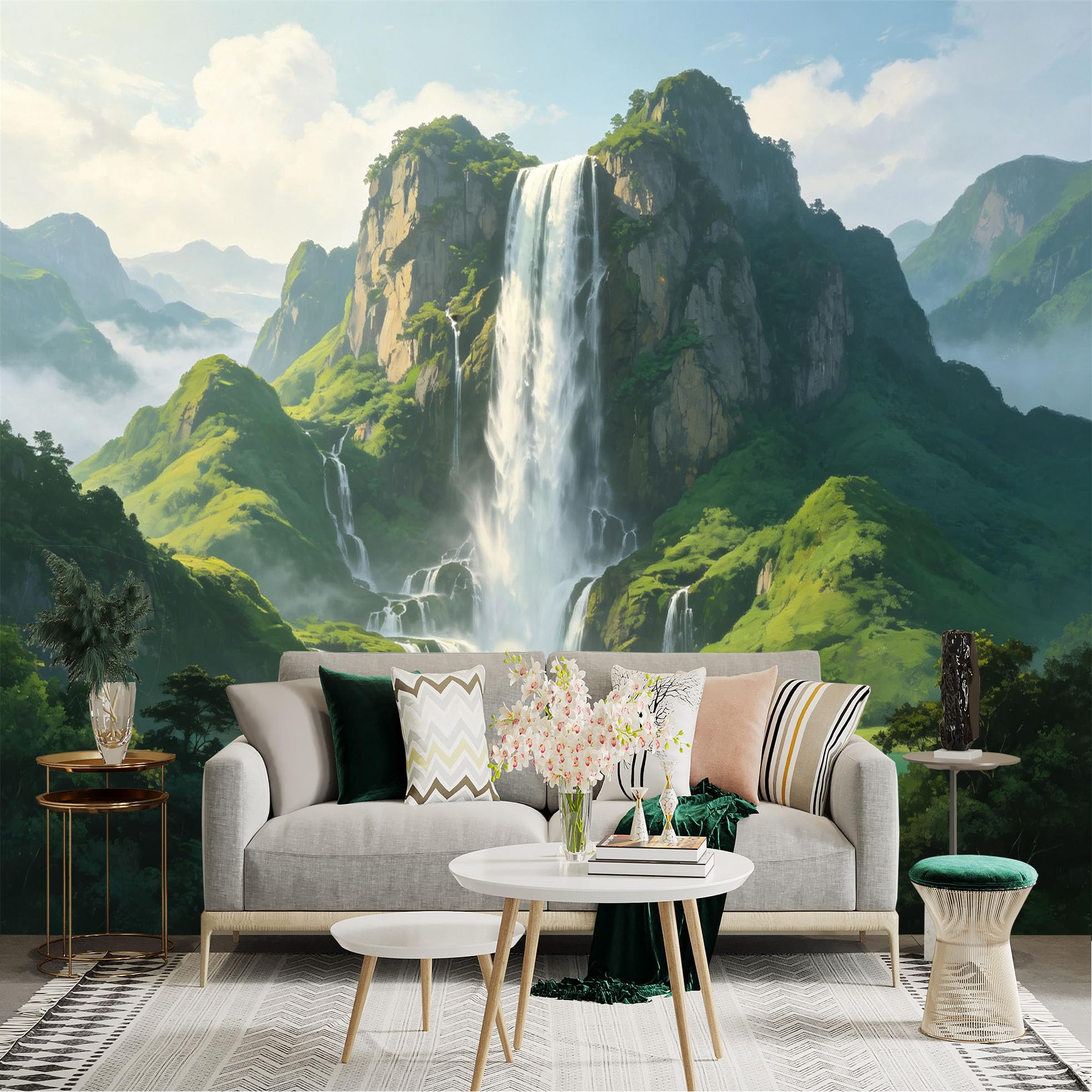 Custom Size Wall Sticker Mural， Majestic Waterfall in Green Mountains， Misty Landscape with Clear Lake， for wall Decoration， peelandstick wall Decals.