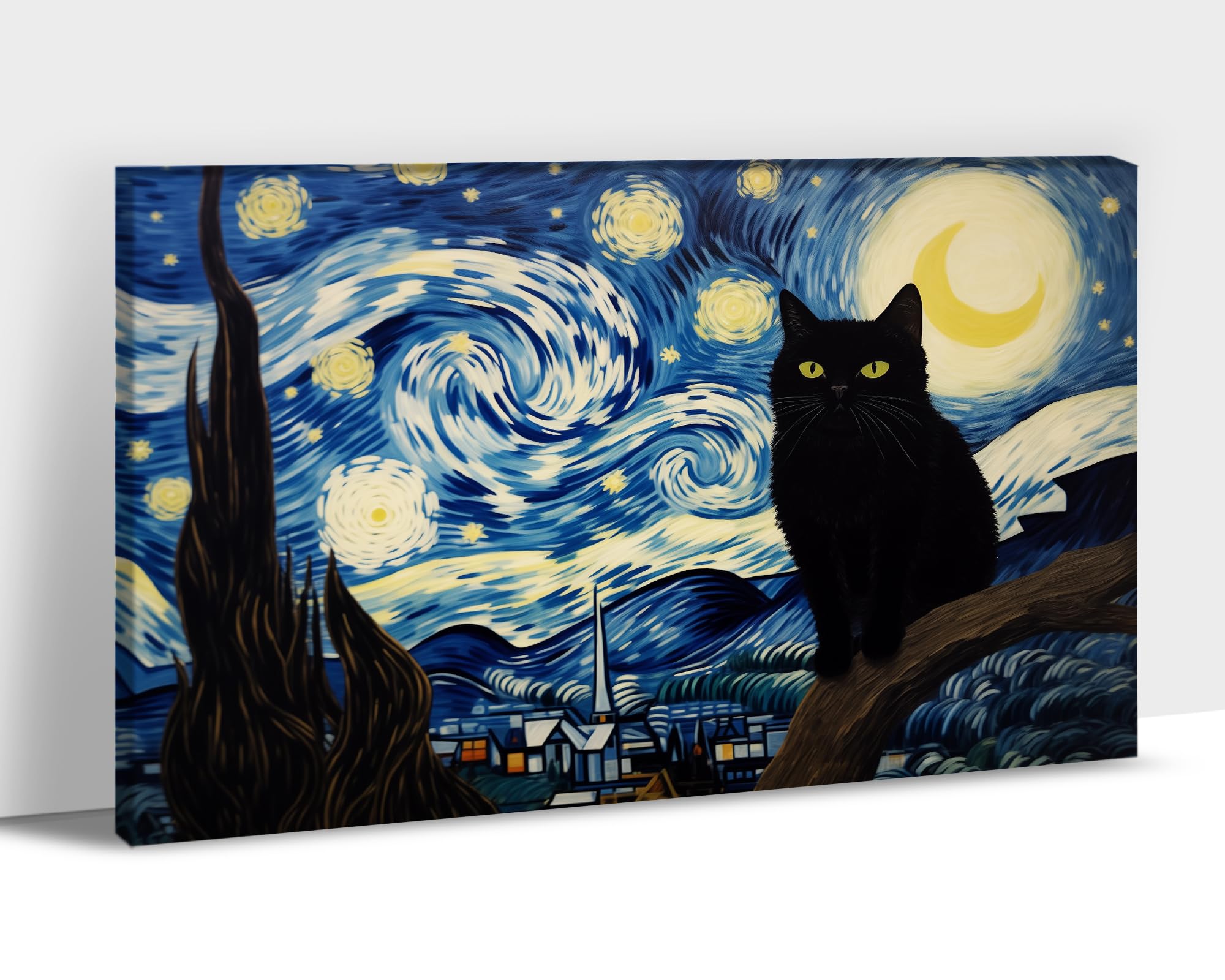 Funny Black Cat Wall Art - Van Gogh Starry Night Inspired Canvas Painting, 8x10 Inches, Framed