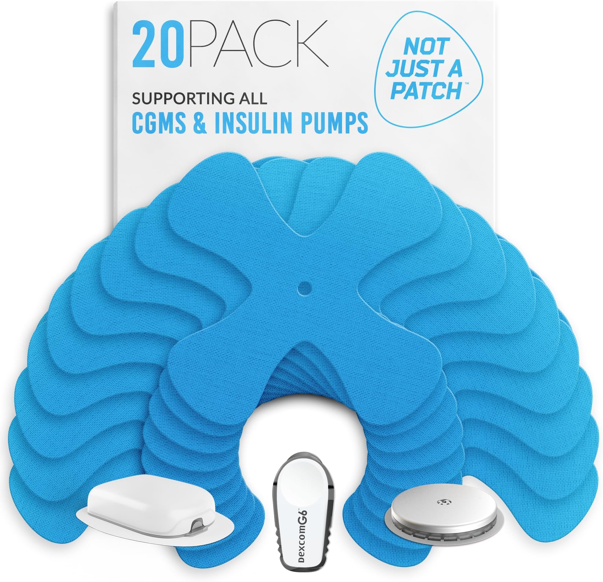 Not Just A Patch X-Patch CGM Sensor Patches (20 Pack) - Water Resistant Omnipod 5 Adhesive Patches - Durable for Active Lifestyle for 10-14 Days - Compatible with Dexcom G6, Libre 2 in Blue