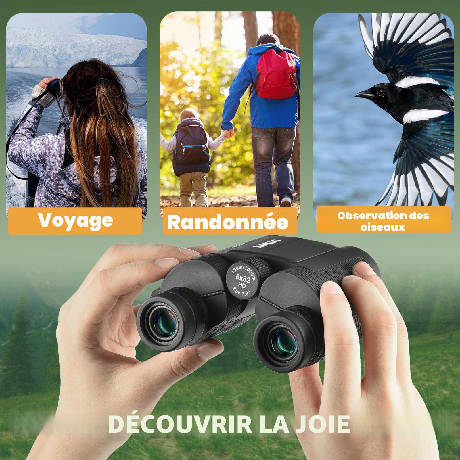 LUXUN Jumelles compactes 8 x 32 pour adulte - Pour la chasse - Grand oculaire - Ultrasharp - Pour observation des oiseaux - Noir