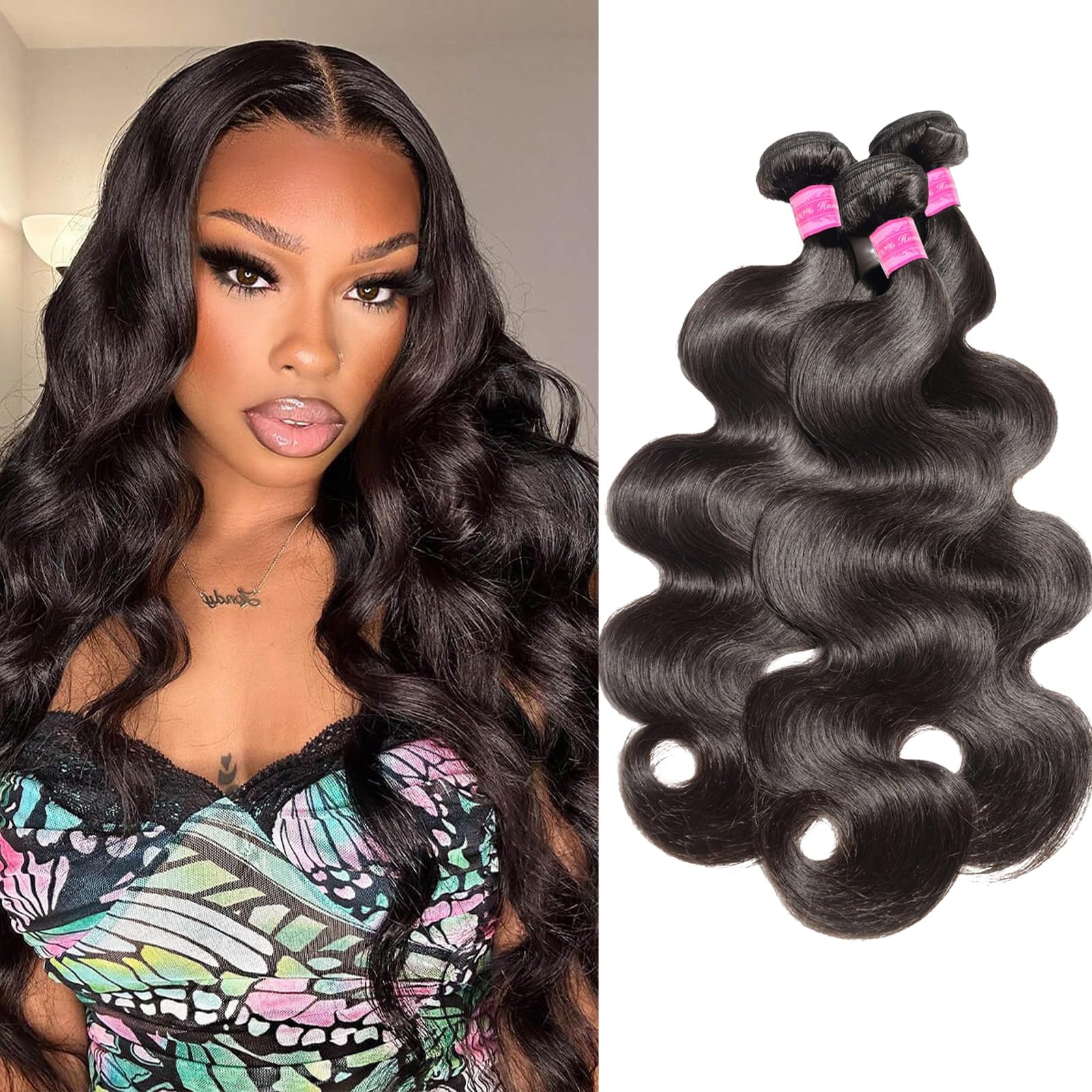 Beauty Queen16A 3 Bundles Human Hair Body Wave (26 24 22 Inch) 100% Human Hair Bundles Unprocessed Brazilian Virgin Hair Bundles Full and Thick Remy Hair Extensions Natural Color