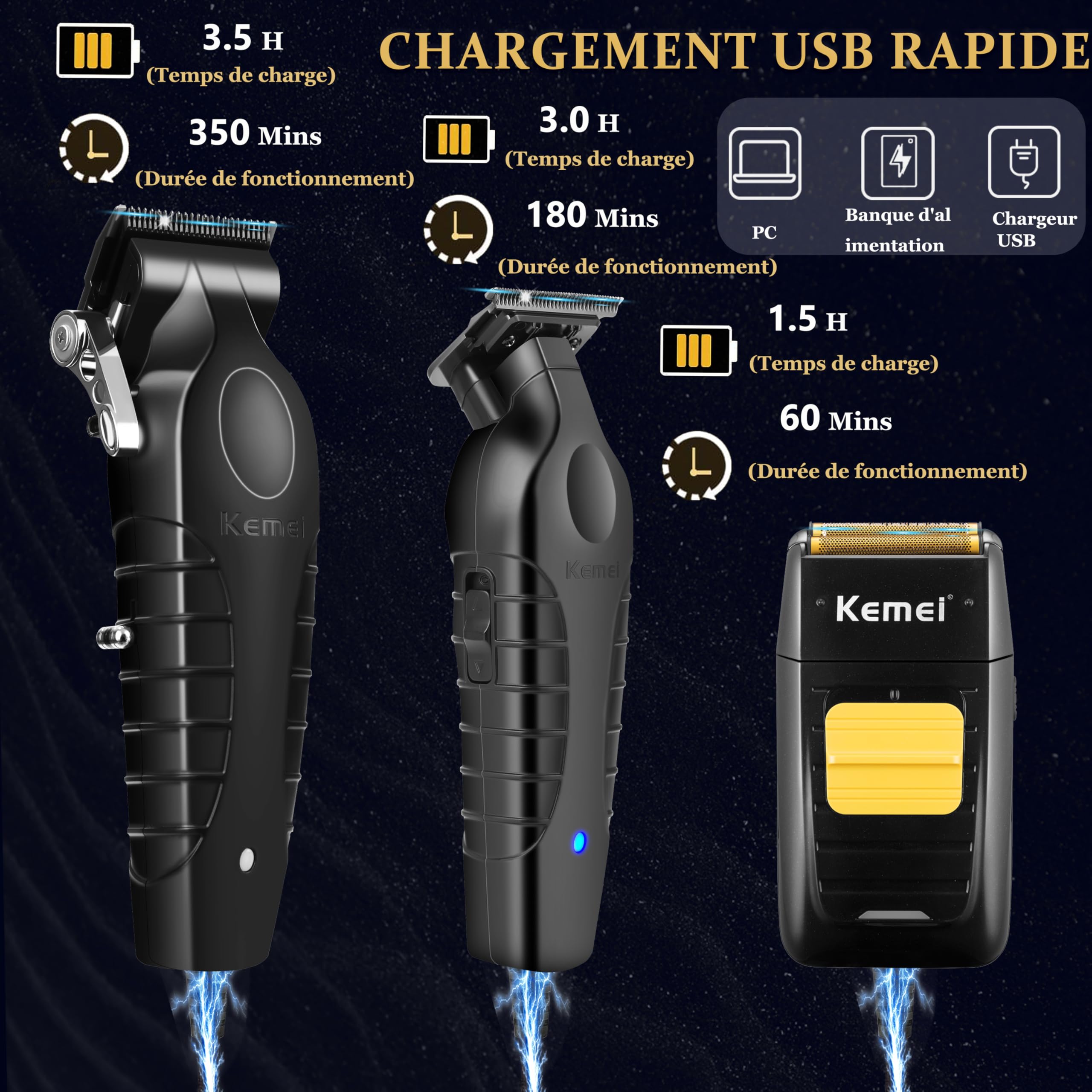 KEMEI Tondeuses à cheveux professionnelles sans fil, Rasoir électrique avec têtes de rechange