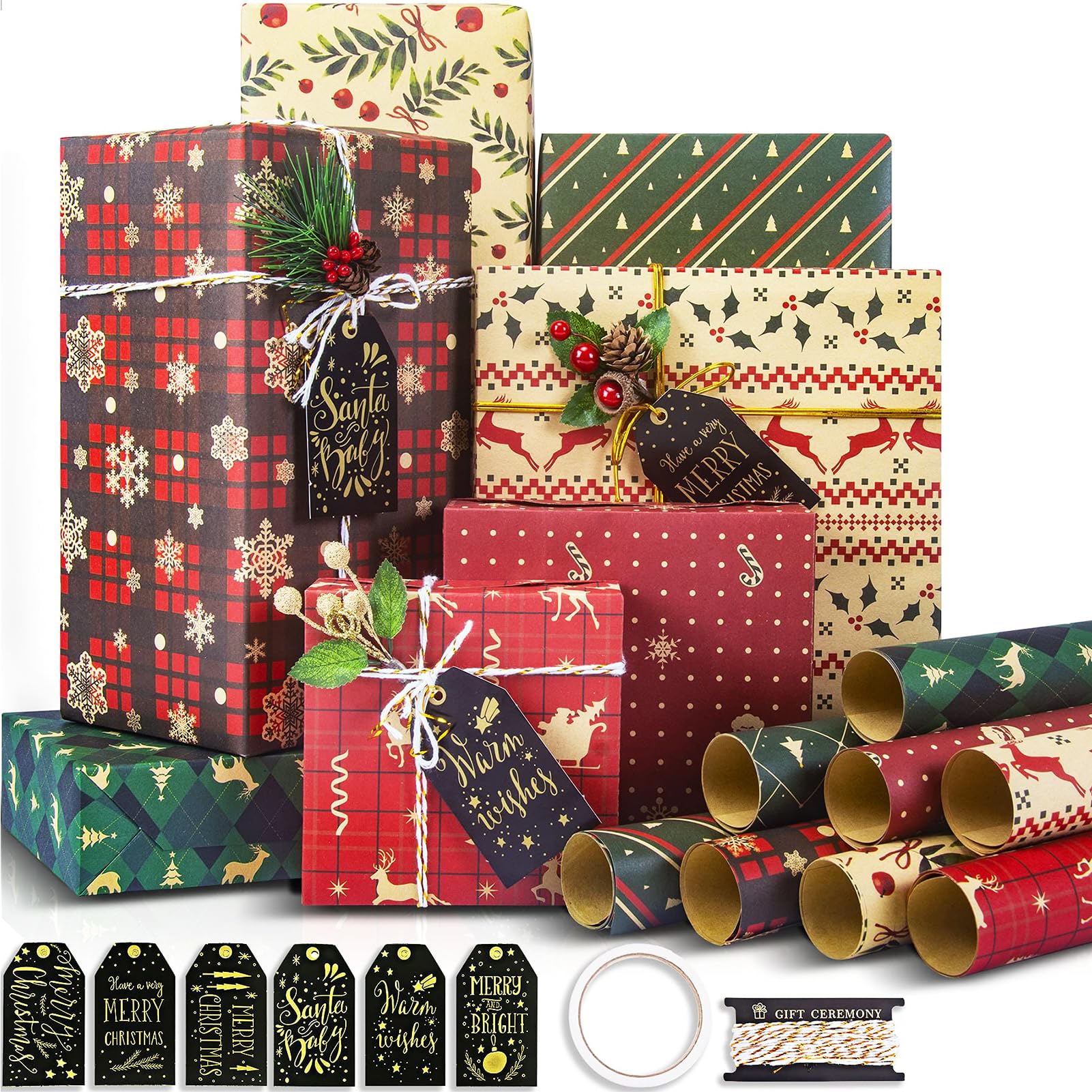 Tiokkss Christmas Wrapping Paper, 8 Sheets Gift Wrapping Paper Bundle, Snowflake Xmas Wrapping Paper, Thick Kraft Brown Paper for Chrimas, Birthday, New Year, Valentines, Wedding, Holiday Deco, DIY