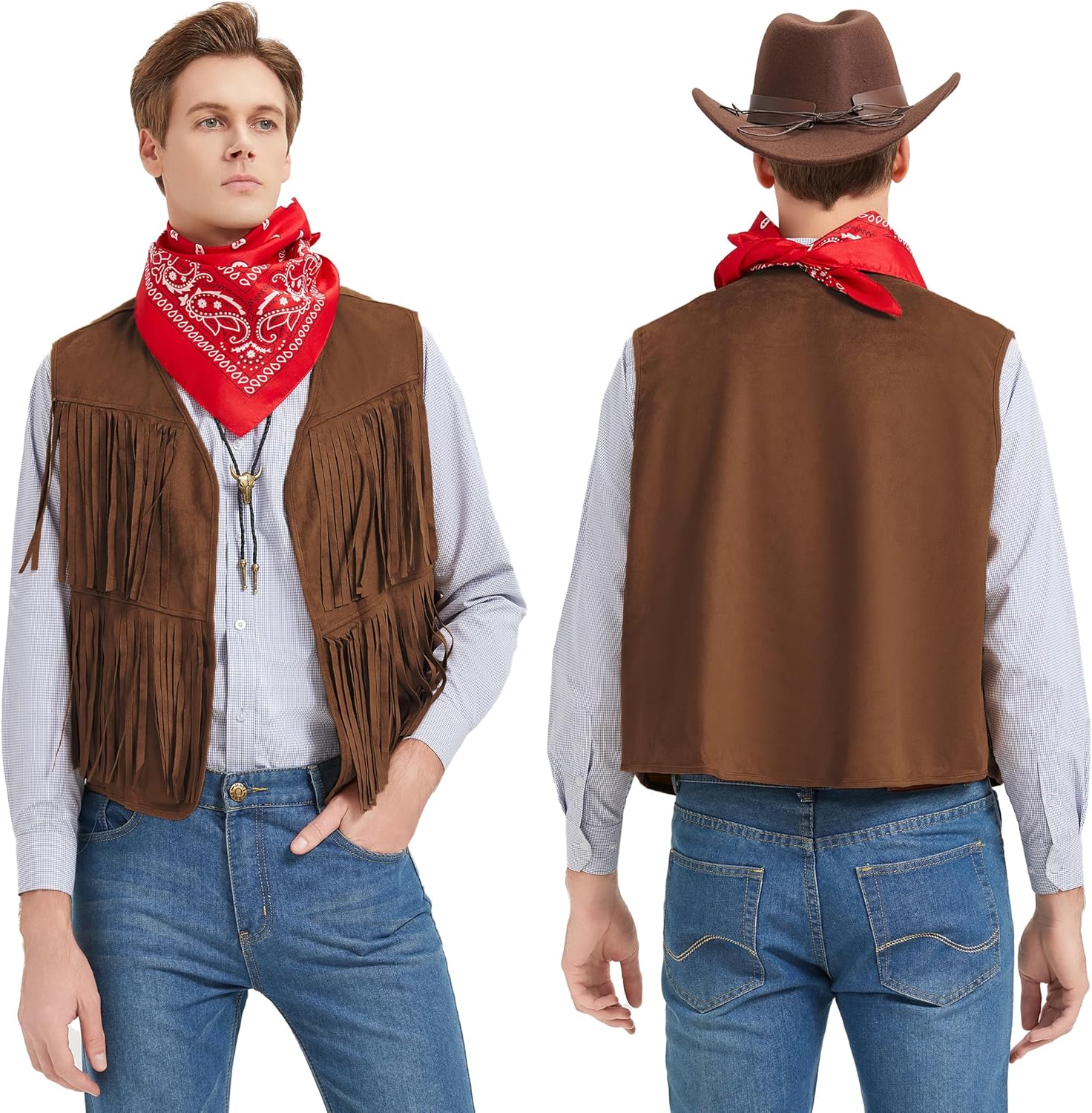 JoeRita Cowboy Costume Men Western Outfit Tasseled Vest Hat Bandana Necklace Halloween Cosplay Party Accessories Set (Brown, XL)
