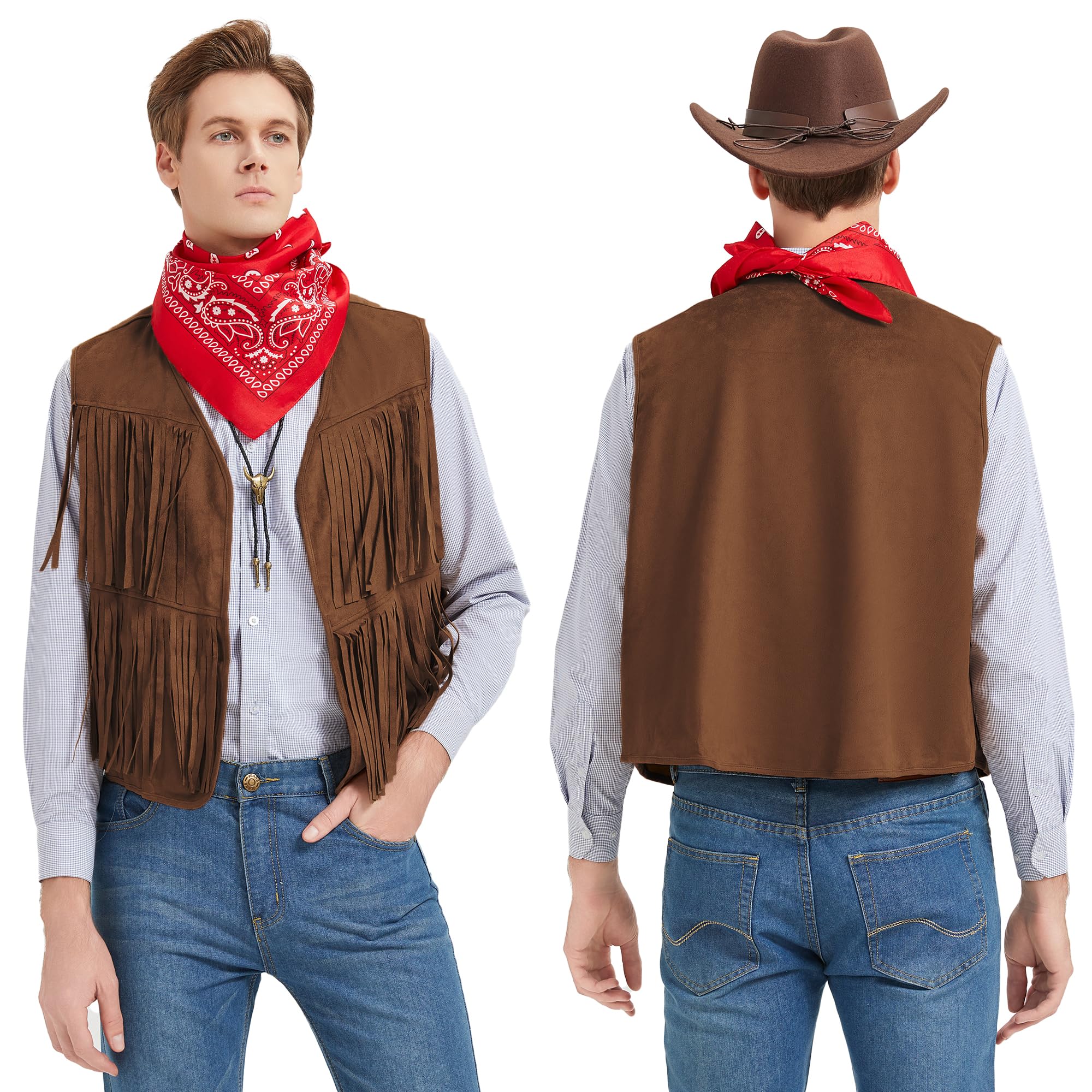 Kostium kowbojski dla mężczyzn cosplay kamizelka z frędzlami kapelusz bandana naszyjnik vintage karnawał hippie kostium dla dorosłych