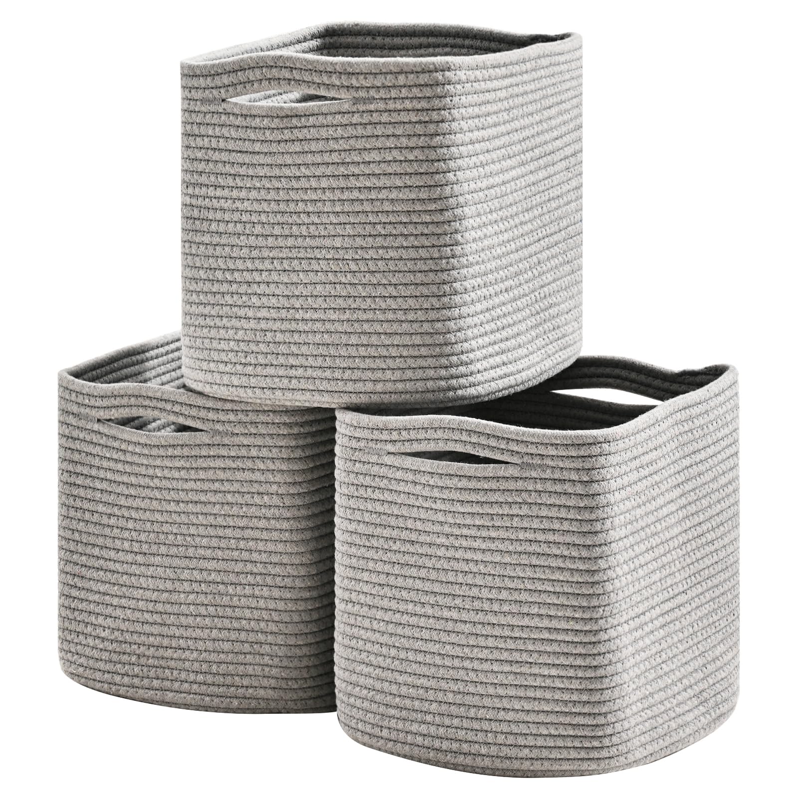 Dcerzxzci 11 Inch Cube Storage Bins, 11x11 Organizer Bins for Cube Organizer, Square Cloth Storage Cubes, Woven Storage Baskets for Shelves, Toy Rope Baskets Storage Kids, Grey (Pack of 3)