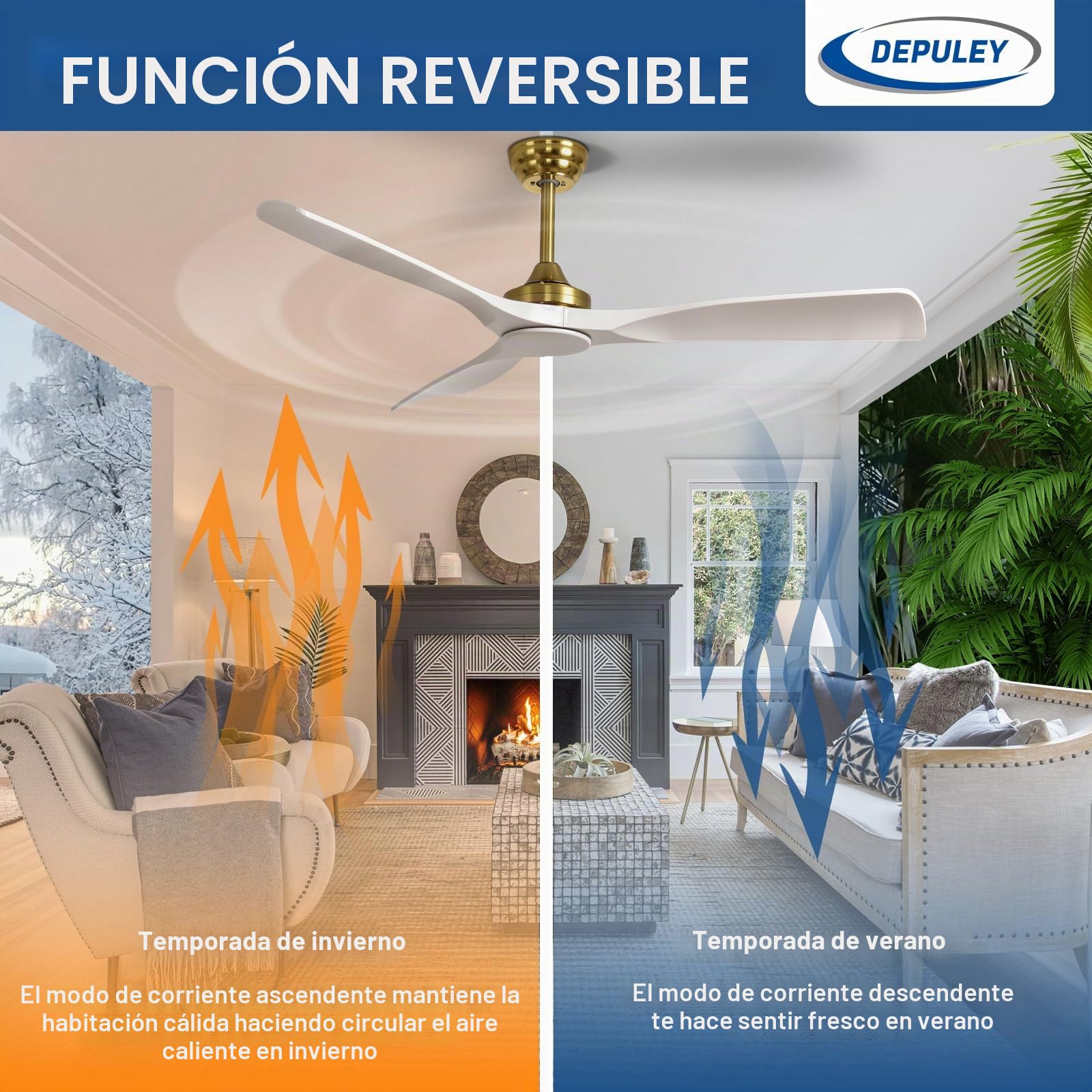 Depuley Ventilador de techo sin luz: Ventilador de exterior de 52 pulgadas con control remoto por aplicación para porches y terrazas - Ventilador de techo blanco dorado sin luz para interiores