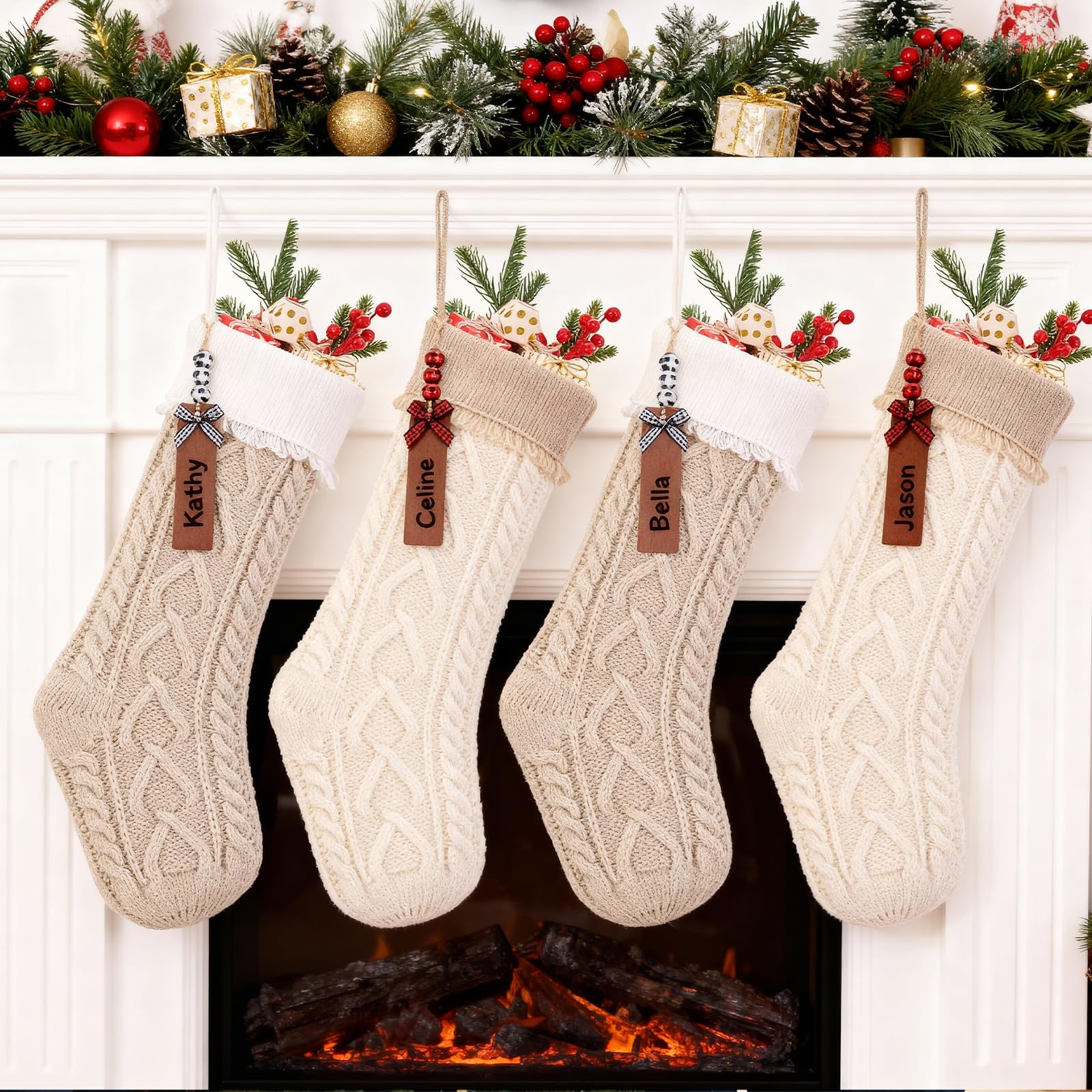 Dllesifvn Christmas Stocking, Holiday Decor (White-brown-v-4pcs)