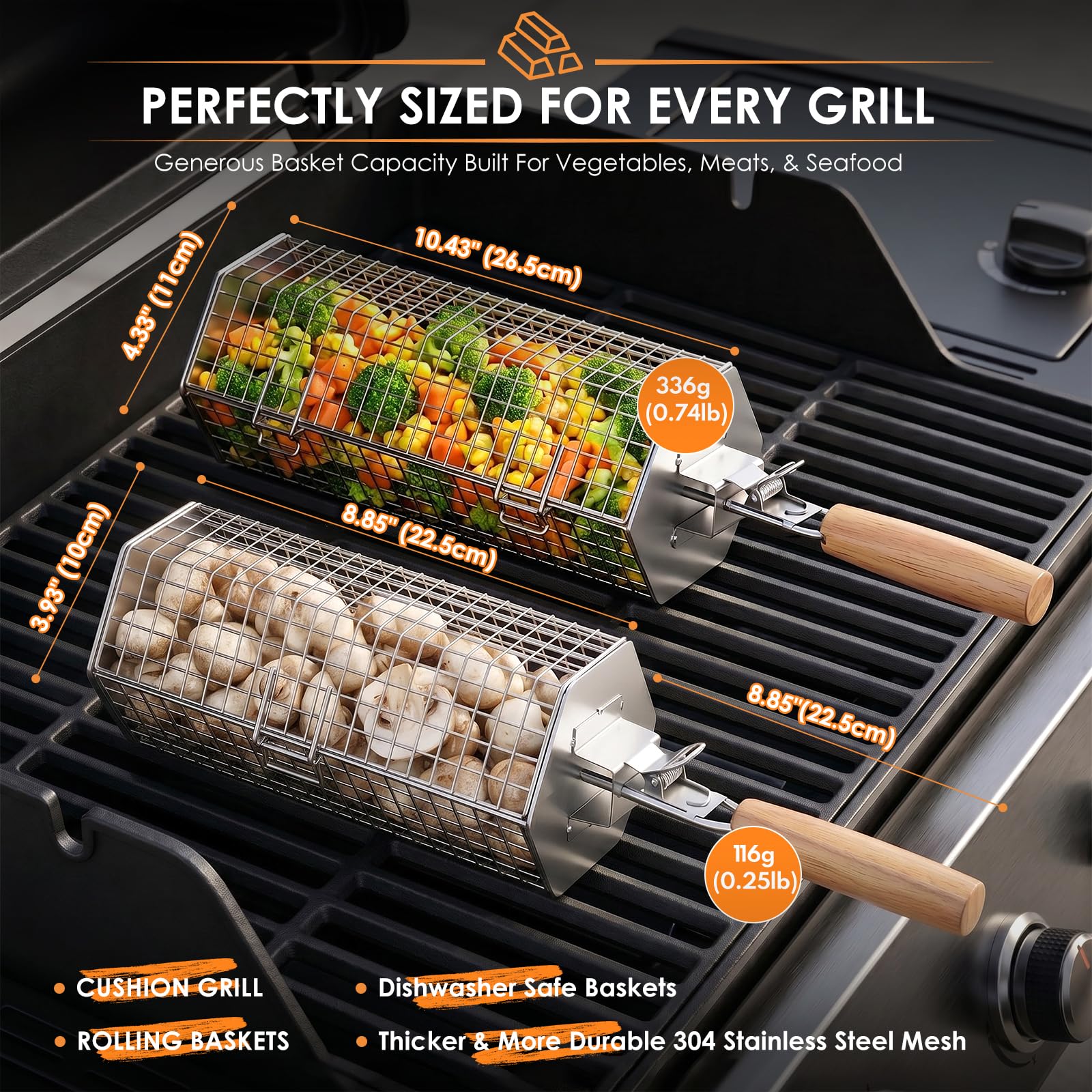 Panier à Barbecue Roulant, Design Hexagonale à Ouverture Rapide, Poignée Détachable, Acier Inoxydable 304, Gigogne, Accessoires Grille à Legumes, Ustensiles Grill de Cuisine Exterieur Camping