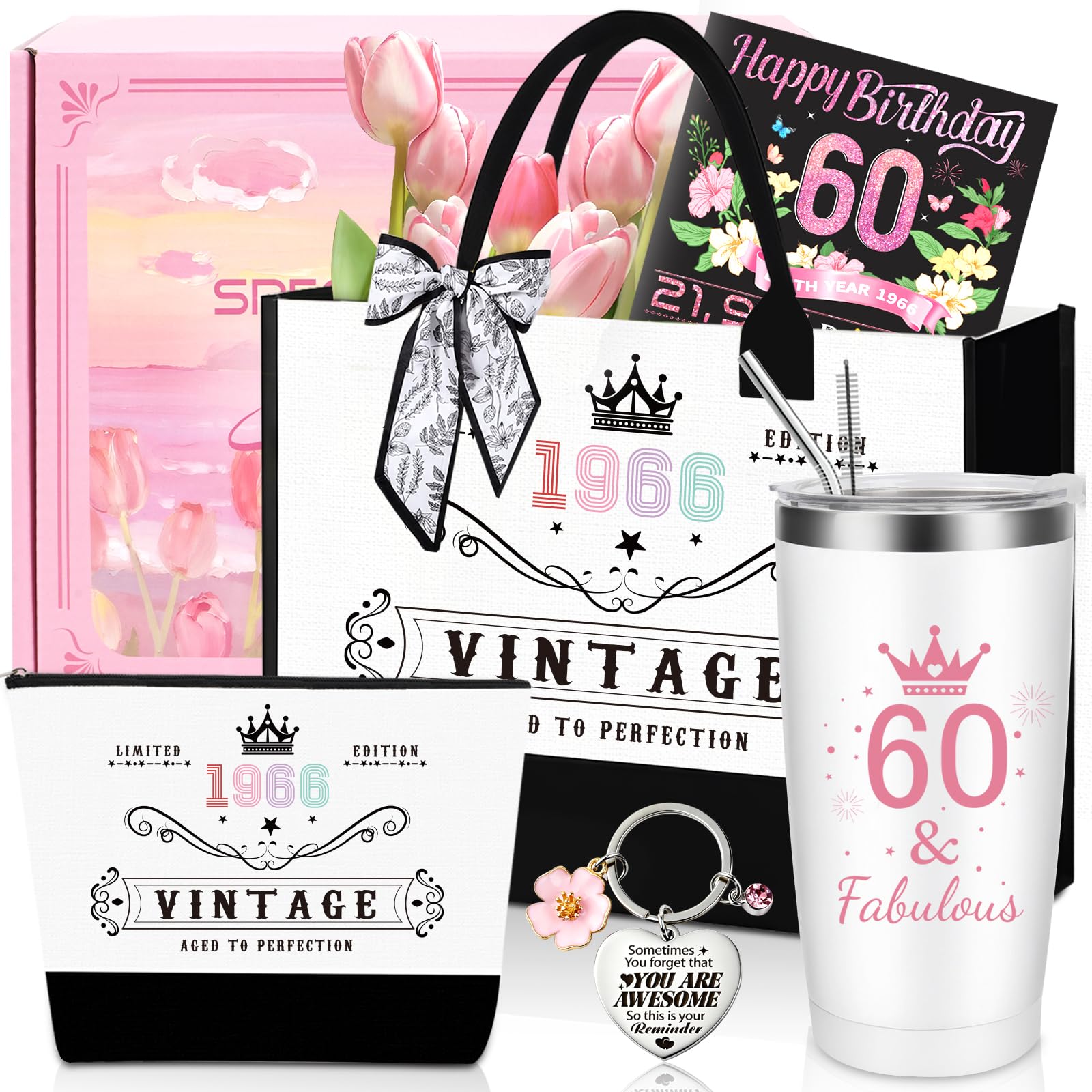 60th Birthday Gifts for Women,Unique 60 Years Old Birthday Include 20 Oz Stainless Steel Tumbler with Straw Gifts for Wife Aunt Sister Friends Her,Fashion 1966 Handbag Cosmetic Bag Born in 1966 Card