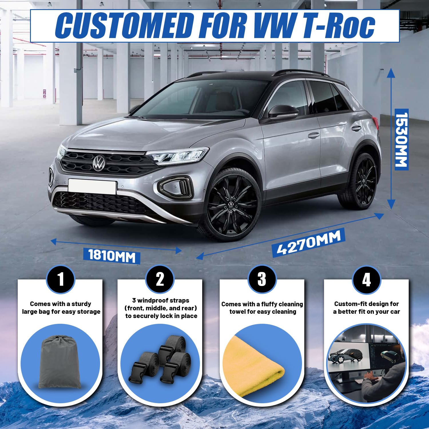 Cowtcver Telo Copriauto da Esterno Compatibile con Volkswagen T-Roc 2017-2026, Telo Copertura Impermeabile Anti-UV Anti Vento Antipolvere, Telo Copri con Cerniera e in Cotone.