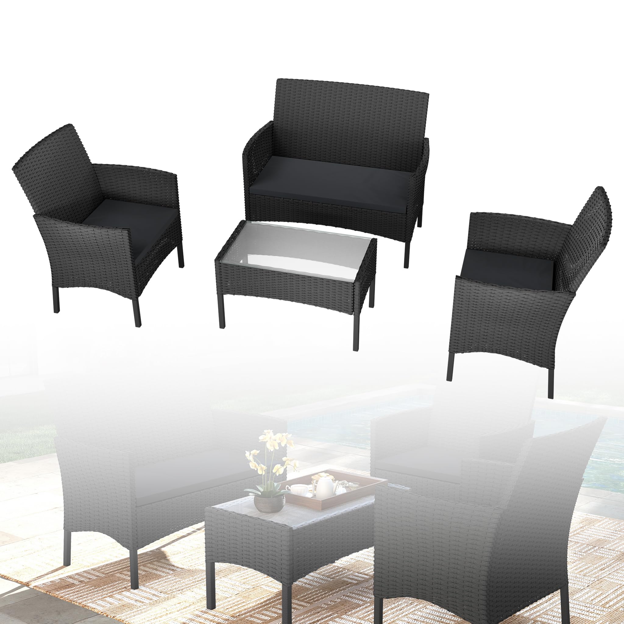 UISEBRT Juego de muebles de balcón – Juego de muebles de jardín de polirratán con sofá de 2 plazas, mesa, sillas individuales y cojines de asiento antracita, color negro