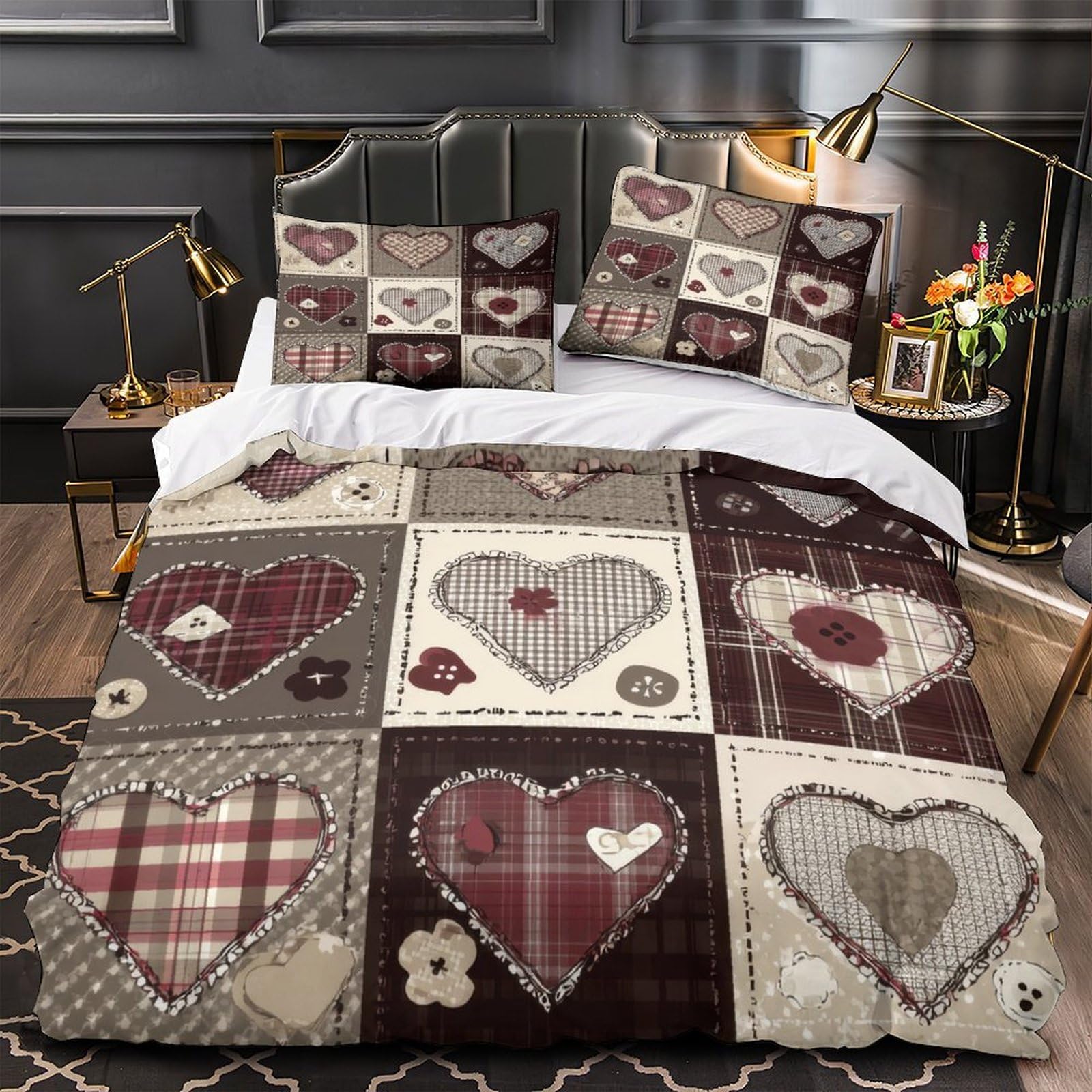 Housse de couette cœur patchwork en microfibre 135x200 cm avec sa parure de lit 3D pour enfant