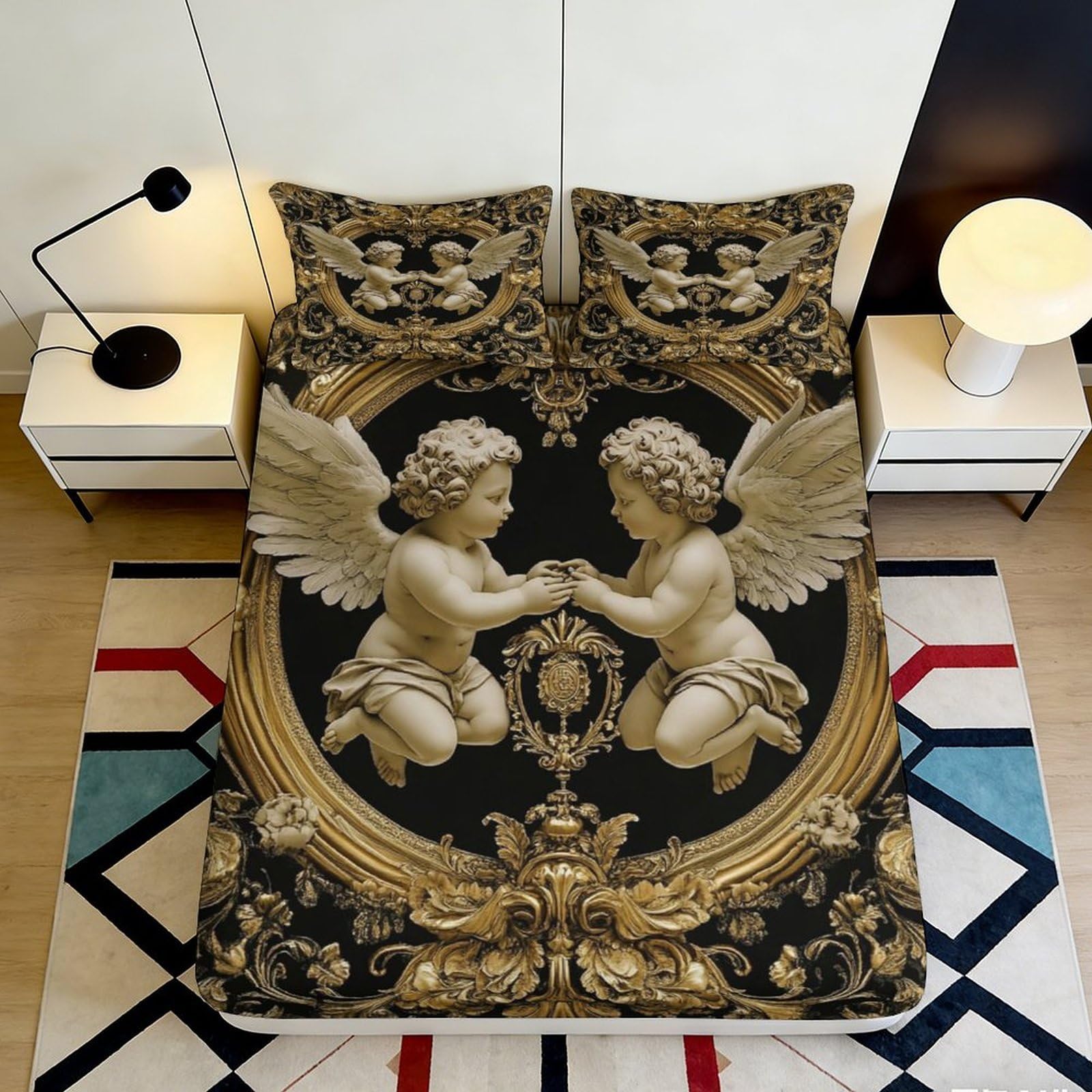 3D Printed Baroque Cherub Fitted Sheet Microfiber Soft Durable Angel Mattress Cover for Bedroom Dormitory Guest Room Protection and Decoration 90x200x25cm