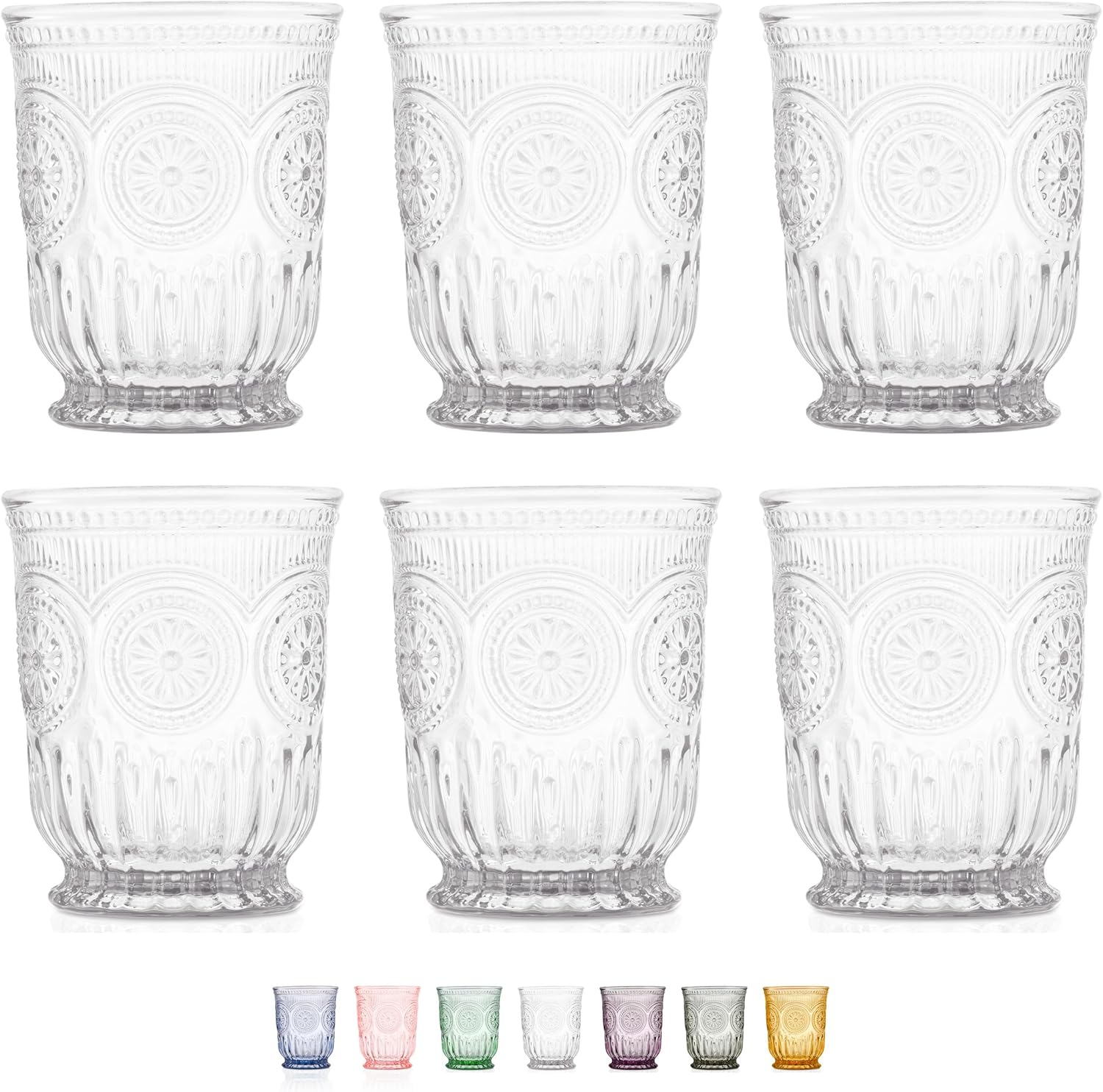 Clear Vintage Small Drinking Glasses set of 6 8oz glass cups with a unique footed