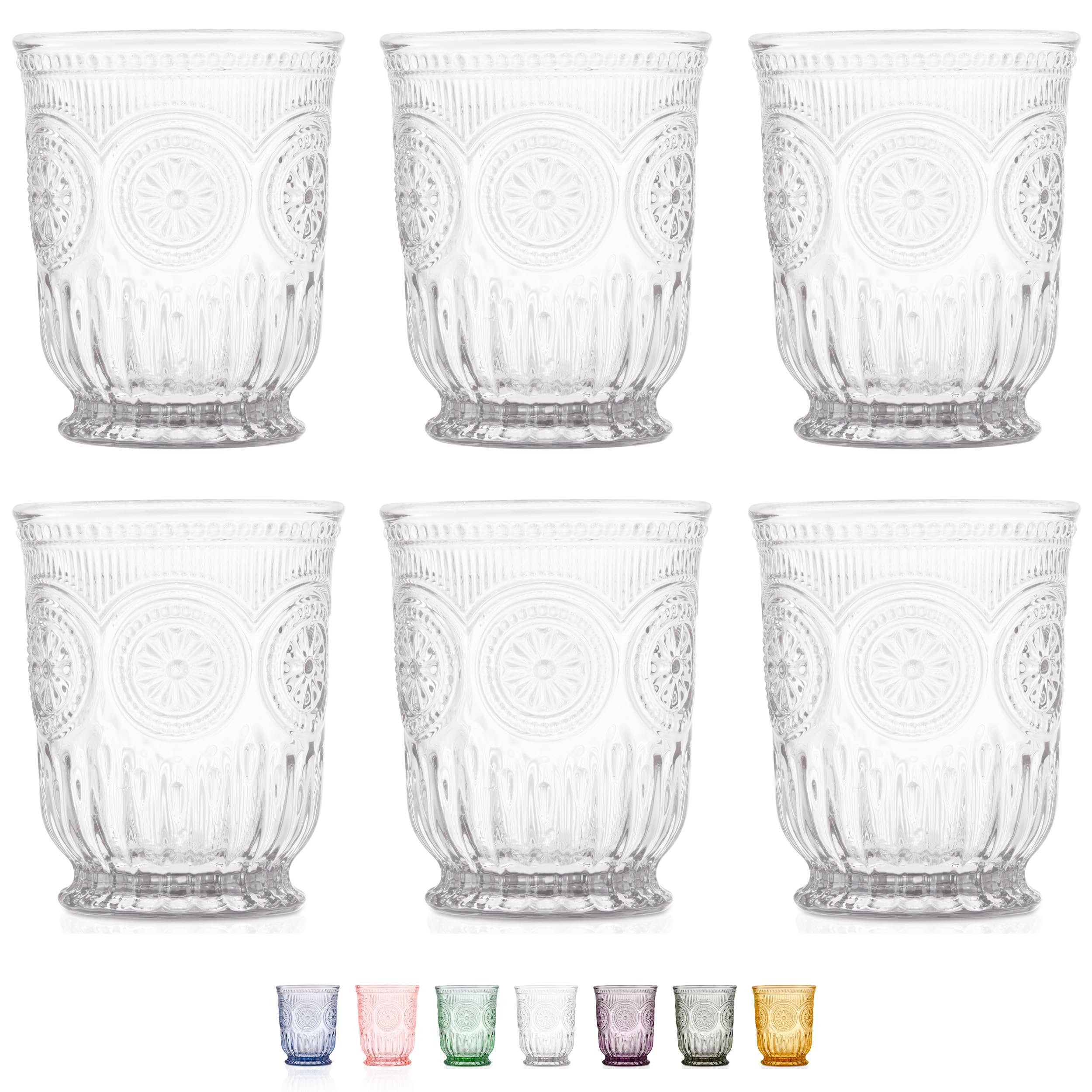 YungalaClear Vintage Small Drinking Glasses set of 6 8oz glass cups with a unique footed design and pressed glass design