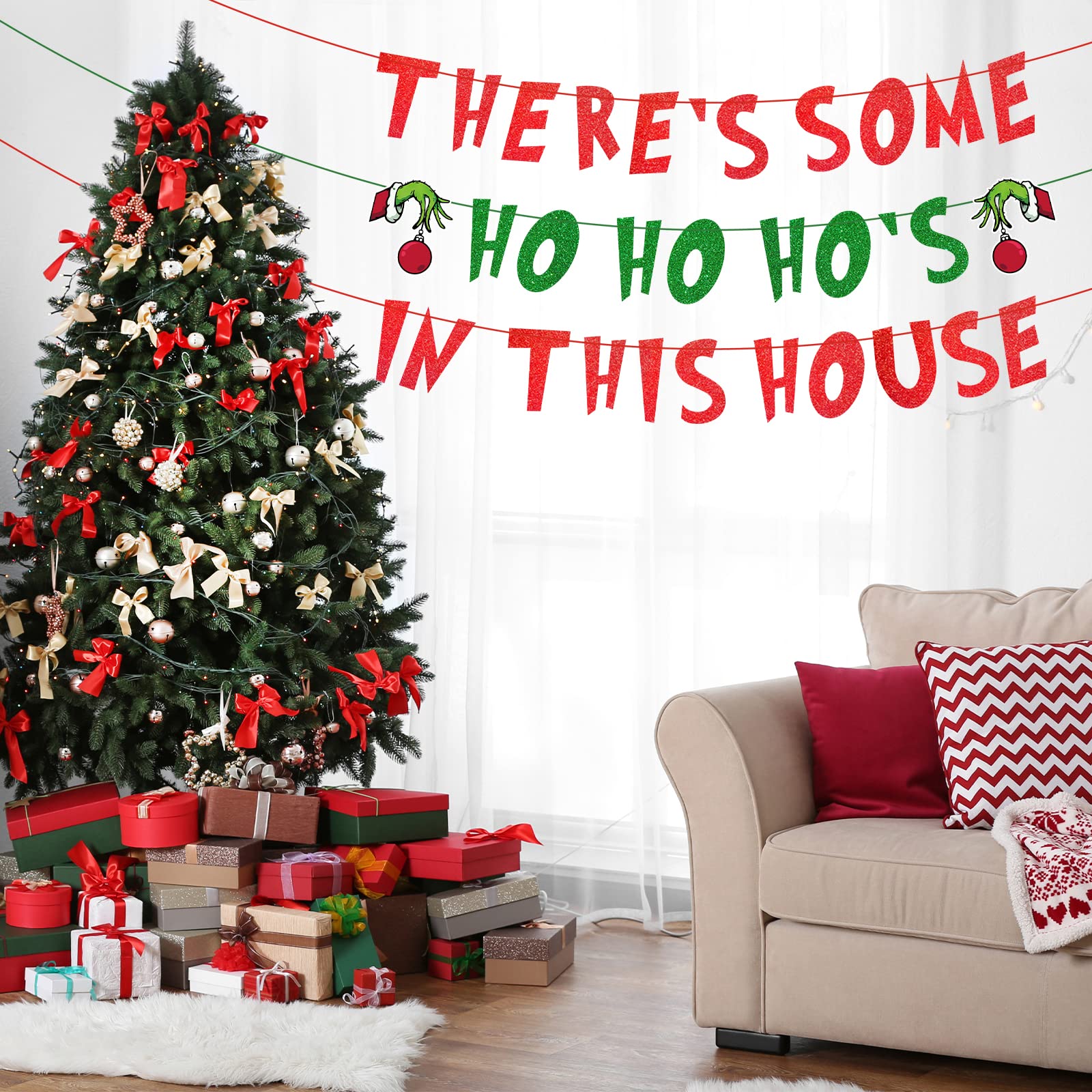 Weihnachtsbanner Mit Spruch „There's Some Ho Ho Hos In This House“ – Vormontiert, Roter Glitzer, Party-Deko