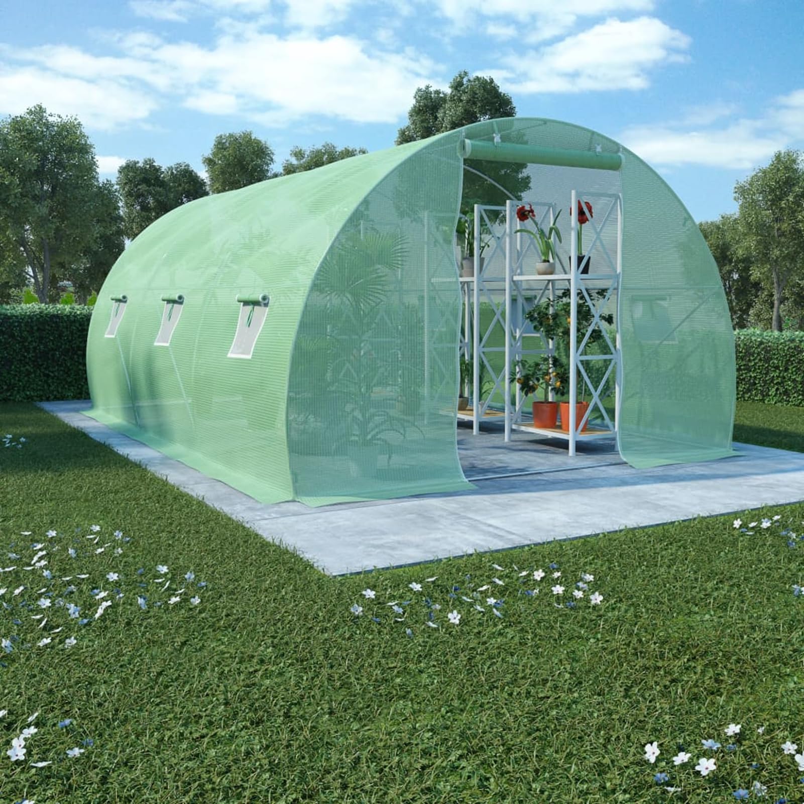 Szklarnia 450 x 300 x 200 cm – 13,5 m², duży domek na rośliny z siatki PE 140 g/m² i ocynkowanej stali, zielona, z okienkami wentylacyjnymi, do uprawy warzyw i owoców