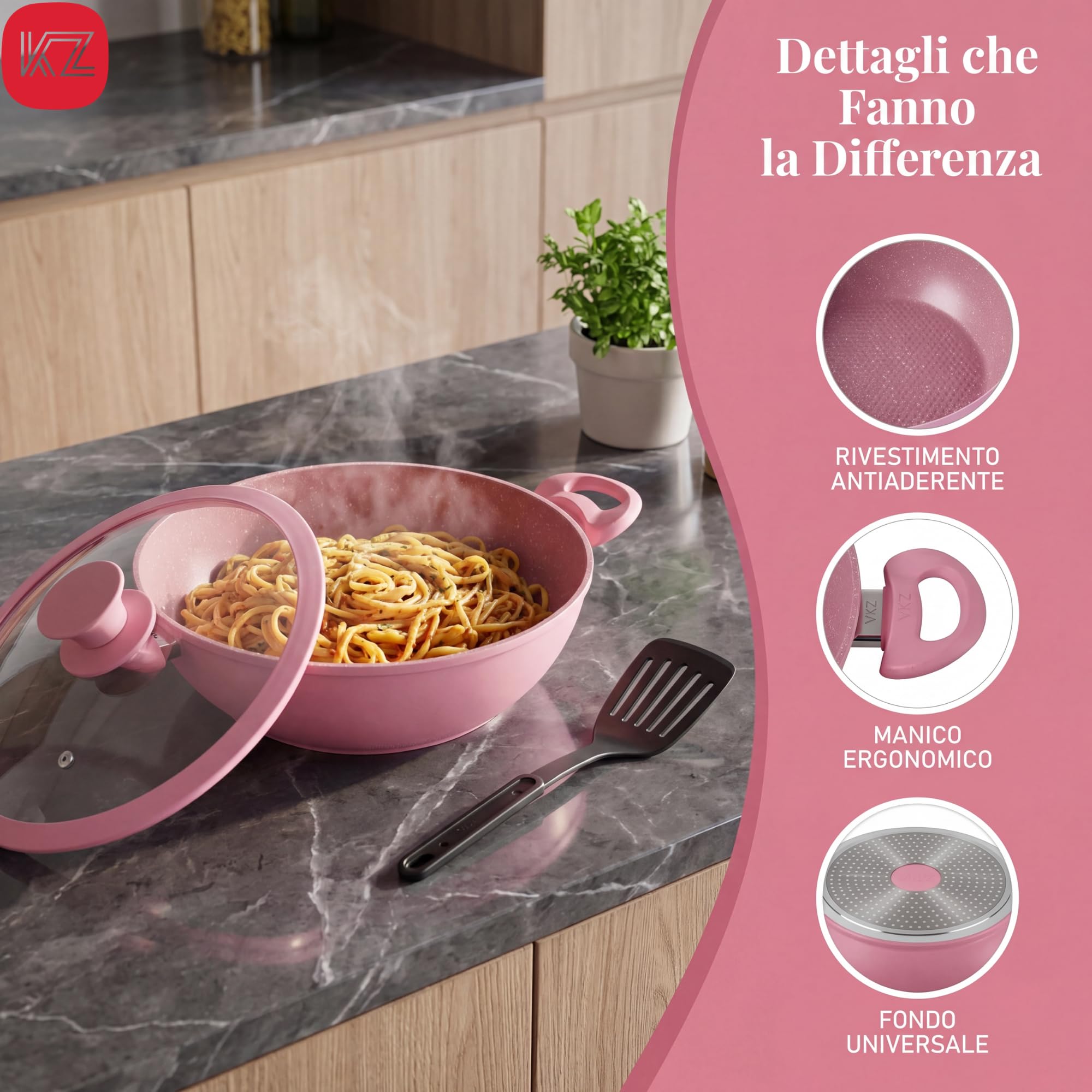 VKZ Set Pentole e Padelle 3 Pezzi, 3 Padelle Antiaderenti con 3 Coperchi in Vetro + 1 Utensili da Cucina, Rivestimento Antiaderente, Manici Ergonomici, Adatte a Gas e Induzione(rosa)