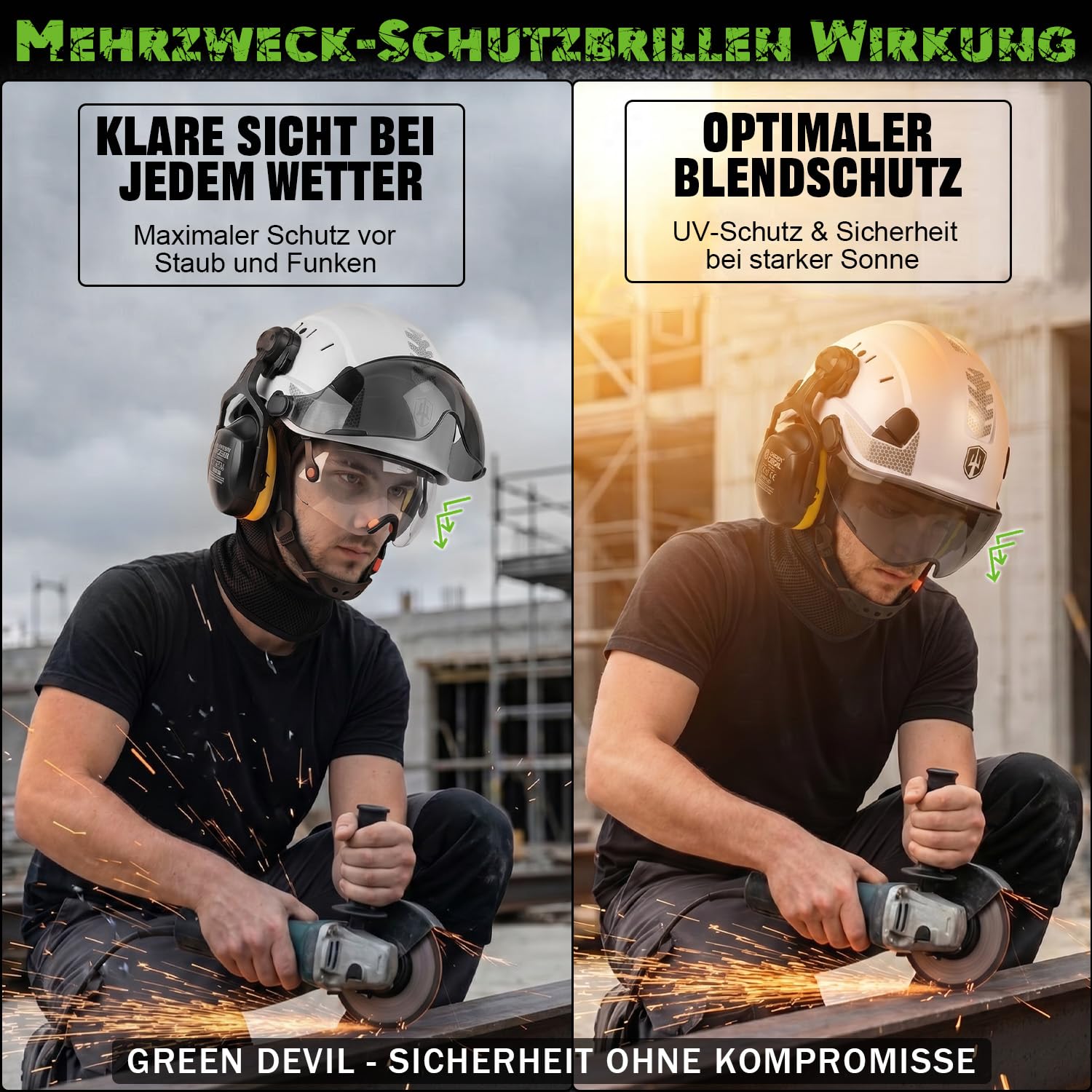 GREEN DEVIL Mervex Casco protettivo – Casco forestale con doppio vetro protettivo EN166 & silenziatore EN352 SNR32dB, certificato EN397, materiale ABS unisex per giardinaggio, cascate e cantieri
