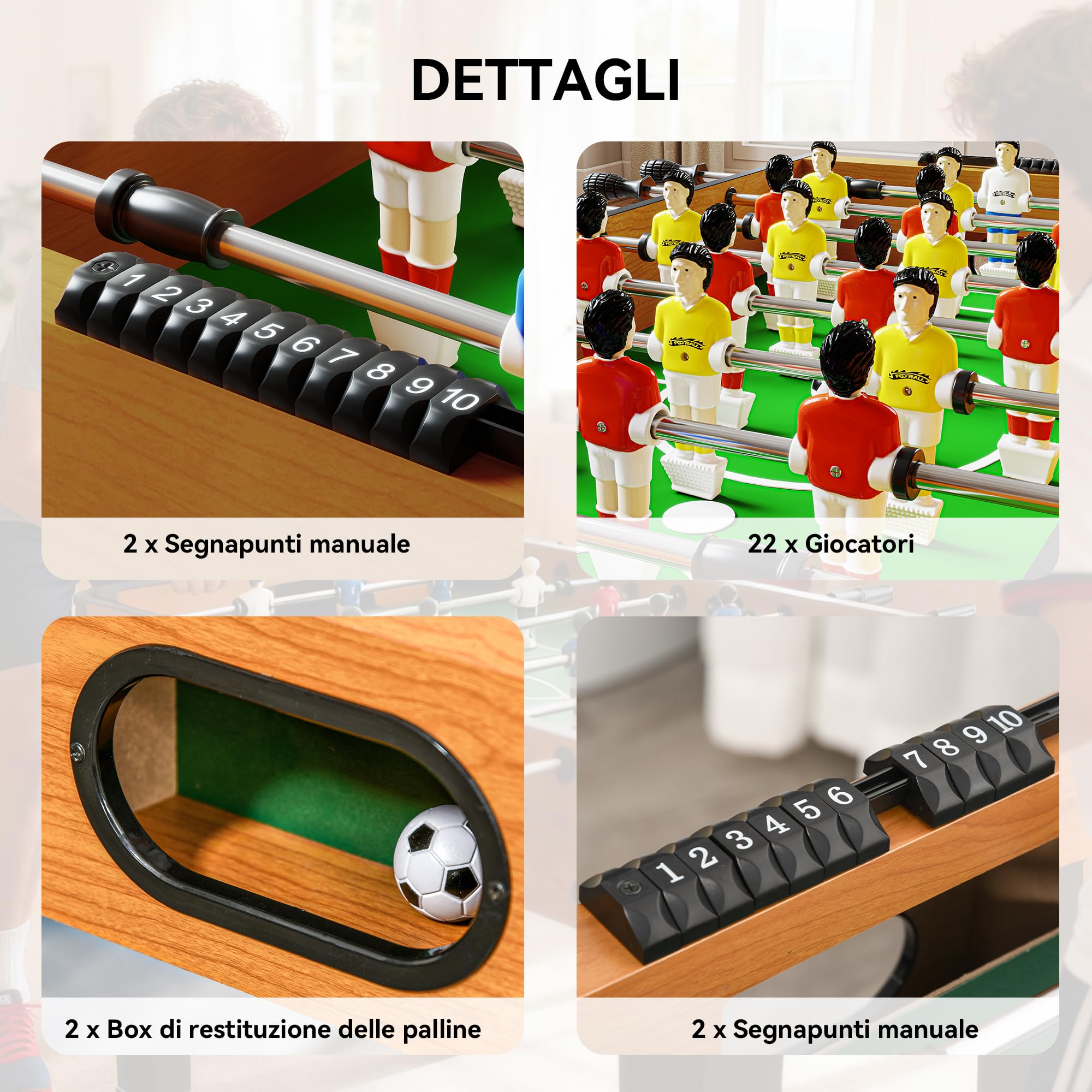 HOMCOM Calcio Balilla Professionale per Adulti e Famiglia, Tavolo Calciobalilla per Adulti, Tavolo da Biliardo Billiardino con 2 Palline, Segnapunti e 22 Giocatori, 122x61x80.7cm