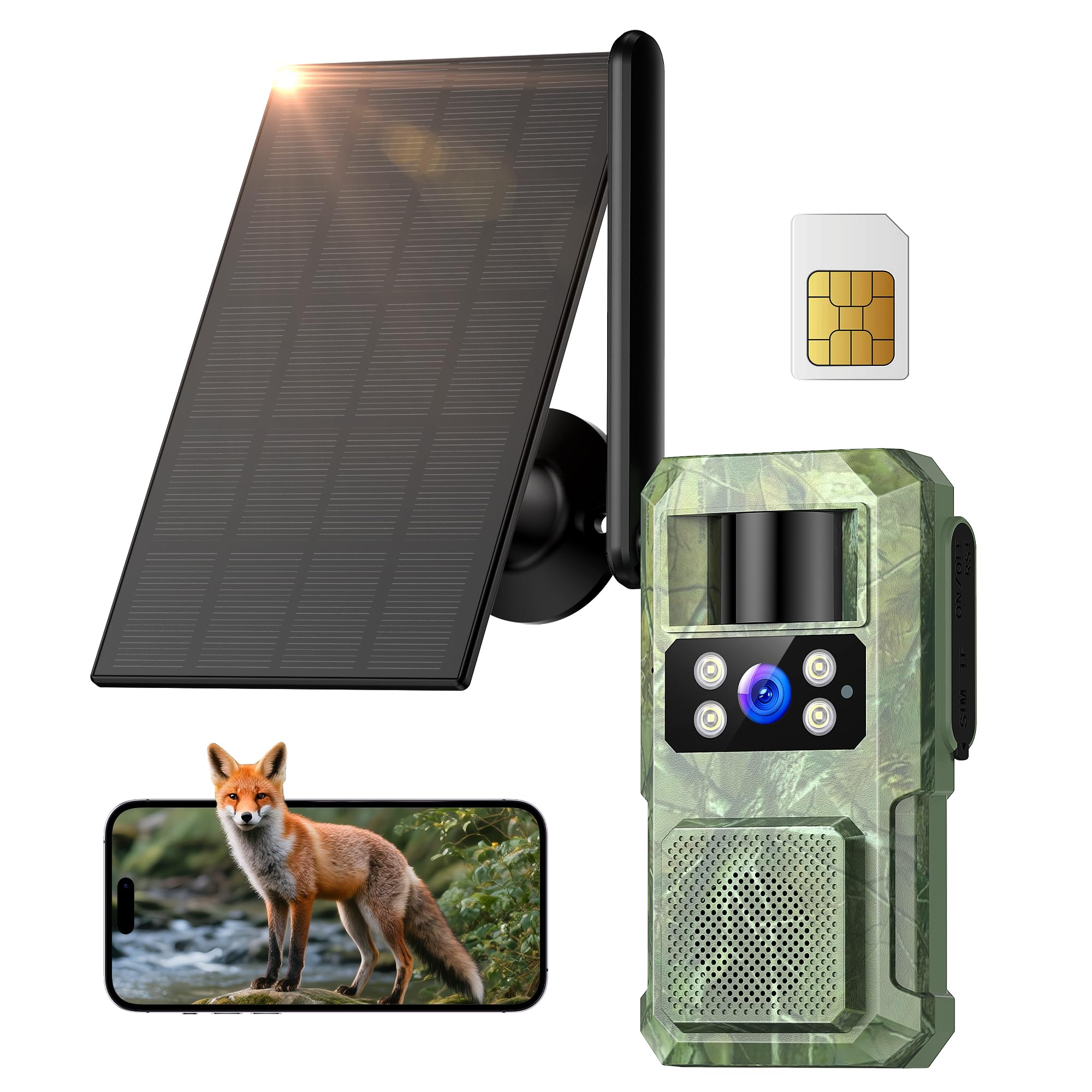 BECAMSO 4G LTE Camara Fototrampeo Solar: 2.7K HD Cámara de Caza Vigilancia Exterior - Color Visión Nocturna Trampa Cámaras con Tarjeta SIM 8000 mAh Batería IP66 Impermeable