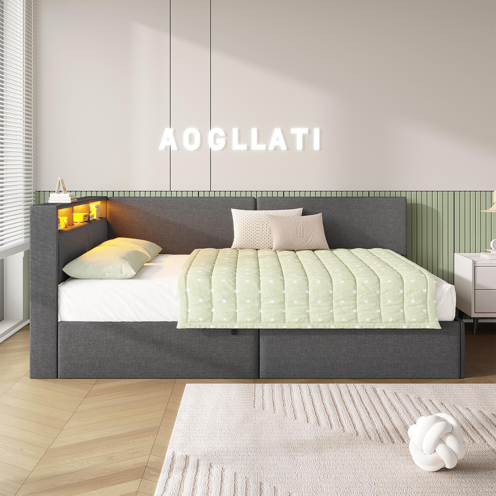 AOGLLATI Canapé lit 140 x 200, Lit Coffre 140 x 200 avec LED et Ports USB, Lit Hydraulique avec Tête de Lit capitonné et Rangement, Lit 2 Personnes avec Lattes en Bois, Lin Gris Foncé(sans Matelas)