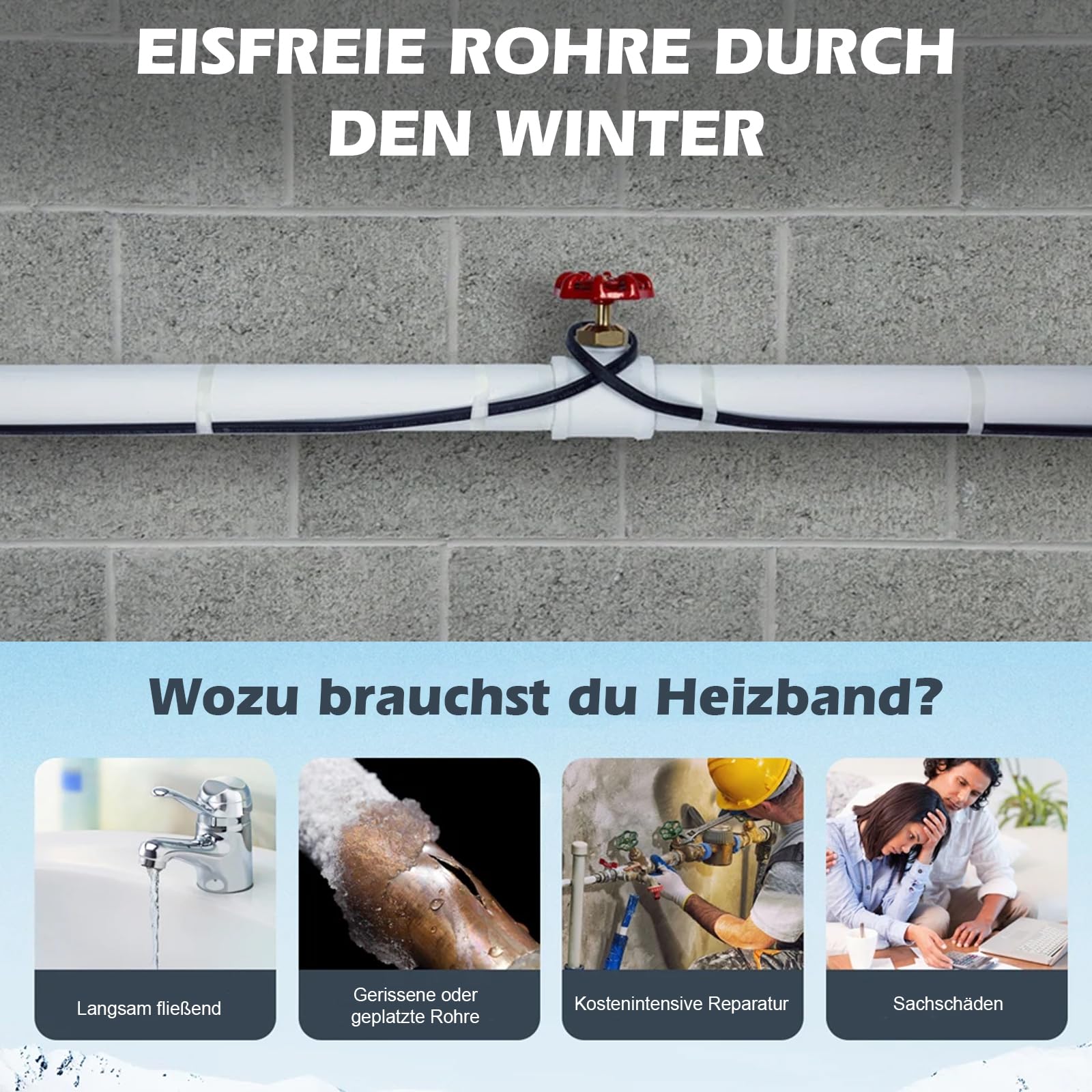 Frostschutz Heizkabel, Selbstregulierendes Rohrheizkabel+Glasfaserband, Rohrbegleitheizung Heizleitung Begleitheizung Schutz von Wasserrohren, Dachrinnen, Metall/Kunststoff Hausrohren (8m)