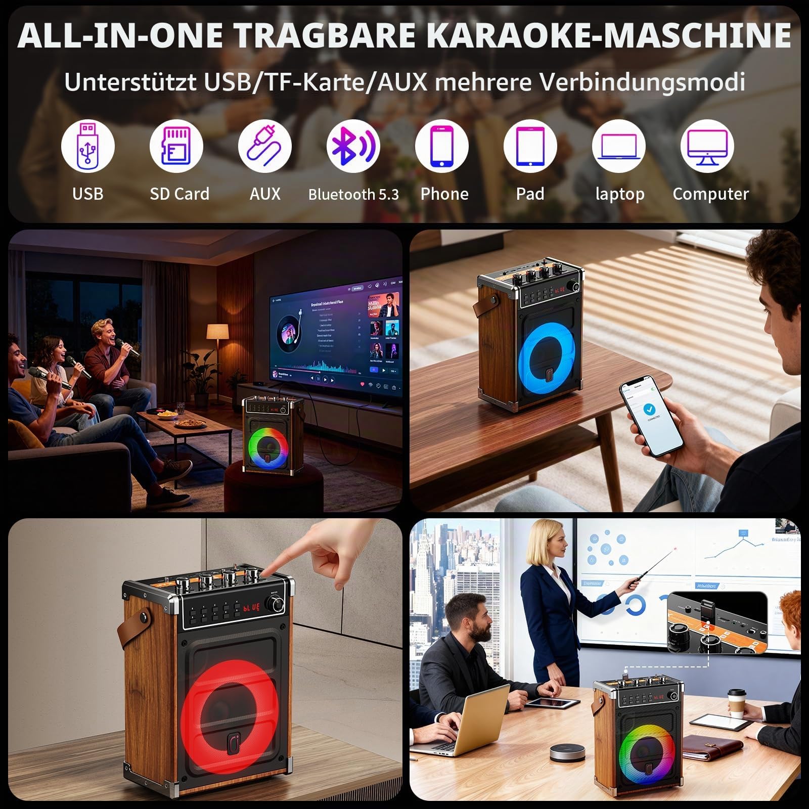 JYX Karaoke Maschine mit 2 UHF-Funkmikrofonen, Bluetooth-Lautsprecher, PA-System, TWS, AUX, FM, LED-Licht