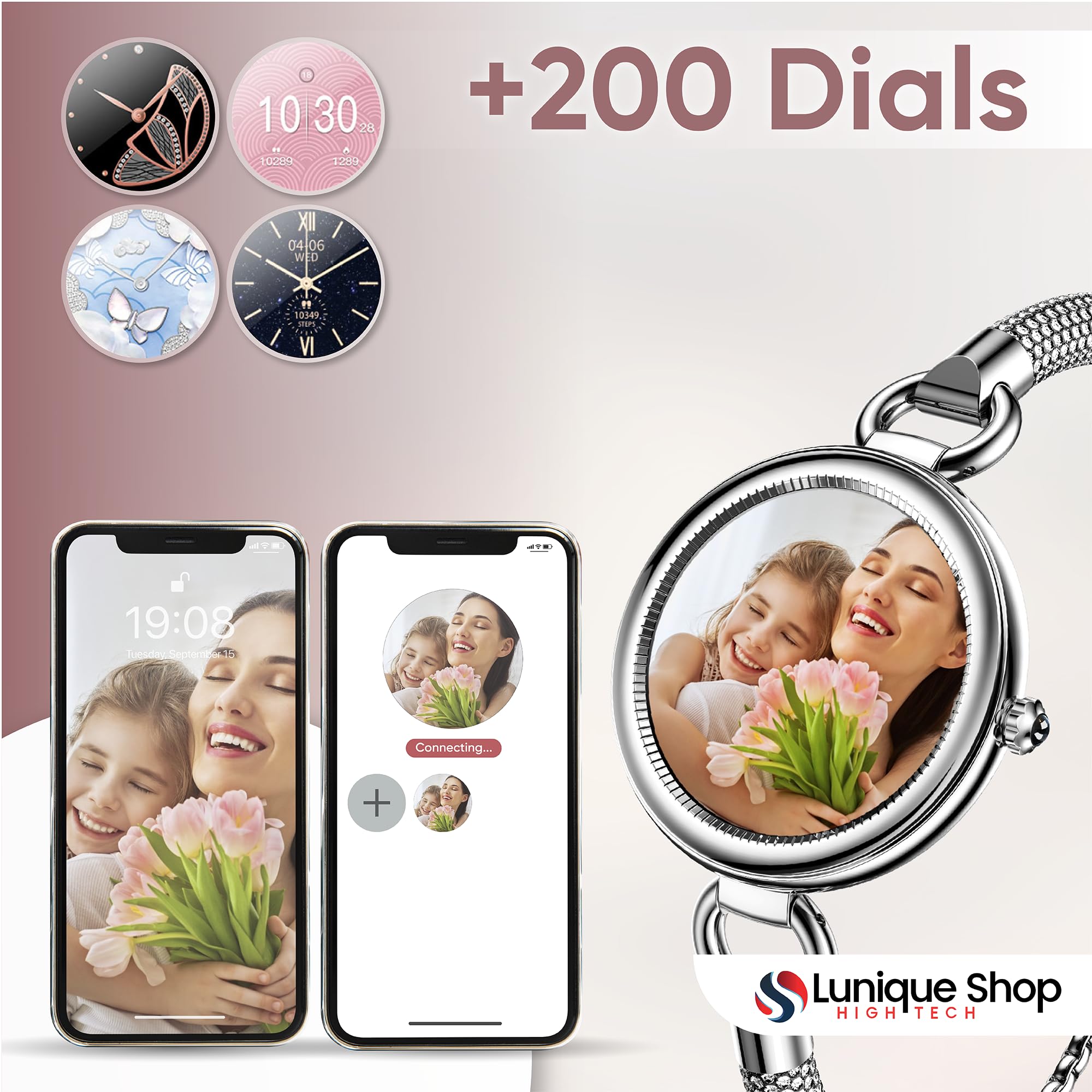 Nowość LSBEAUTY Rhinestone Inteligentny zegarek damski Smartwatch Tlen krwi, napięcie krwi, tętno, krokomierz pogoda muzyka inteligentna bransoletka iOS/Android srebrny