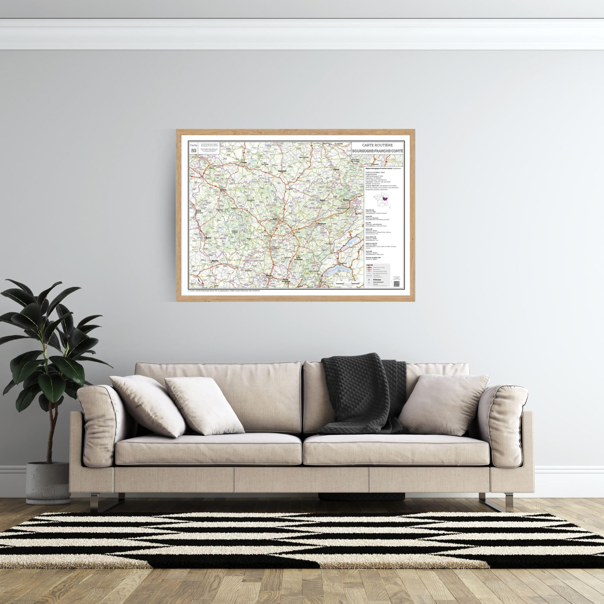 Carte routière de la région Bourgogne-Franche-Comté - Poster plastifié 100x70 cm - Édition 2026