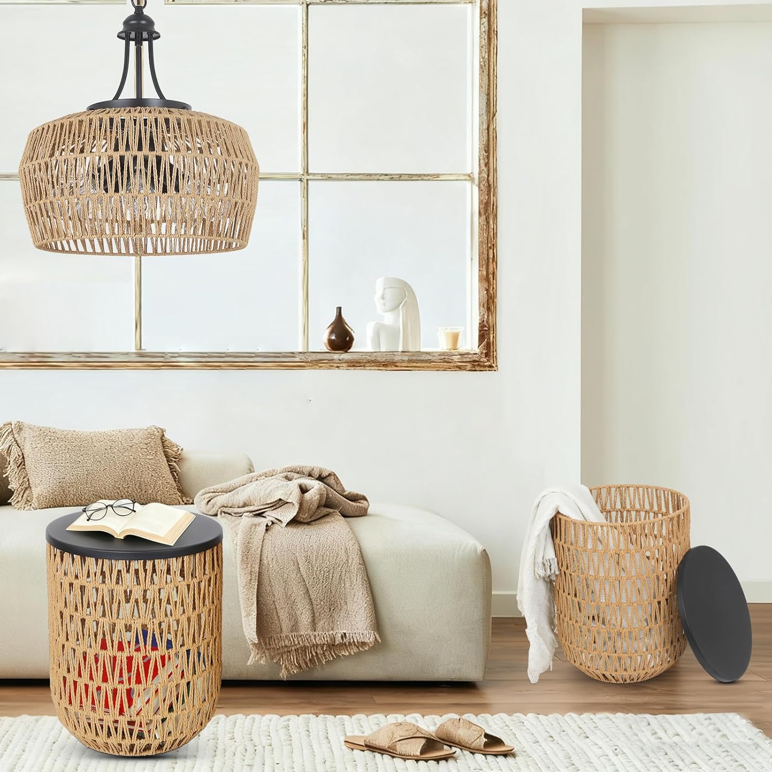 HMVPL Small Round Side Table Set of 2, Rattan End Table for Living Room, Farmhouse Accent Nesting Table with Storage Basket, Boho Bedside Table Nightstand Set of 2 for Bedroom Small Space Corner Couch