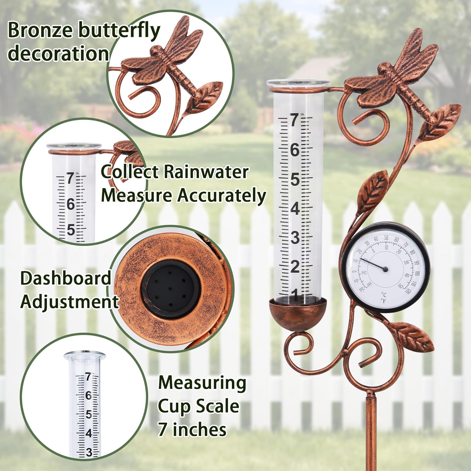 Dragonfly Rain Gauge Garden Decor, 32" Thermometer Patio Decor, 7" Capacity Rain Gauge Replacement Tube Glass, Outdoor Temperature Patio Decor