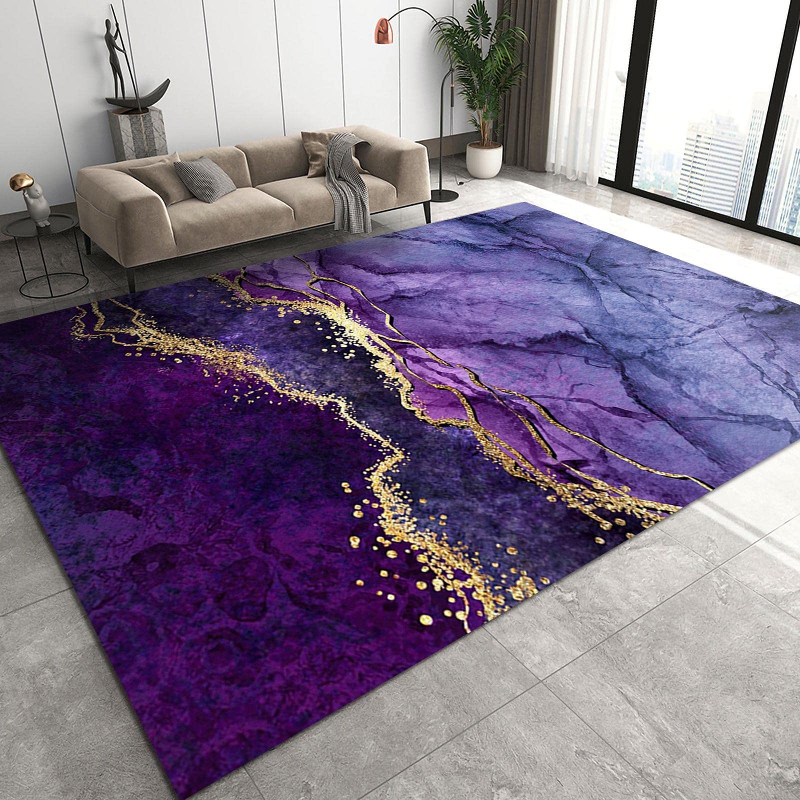 Purple Gold Gradient Marbled Area Rug, Retro Abstract Dieamy Design Non-Slip Carpet, Washable Rug Lightweight Portable Breathable Soft Comfortable for